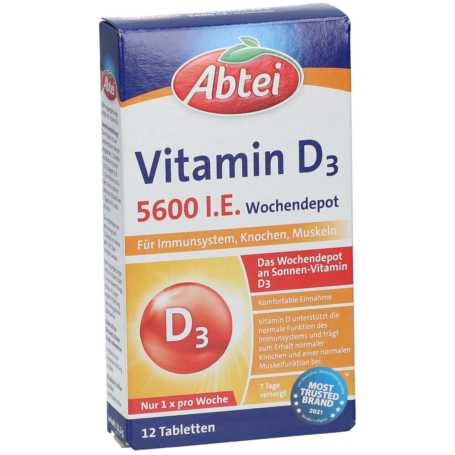 Abtei Vitamin D3 5600 I.E. Wochen Depot. Packung mit 12 Tabletten. Enthält Vitamin D3 für Immunsystem, Knochen und Muskeln.