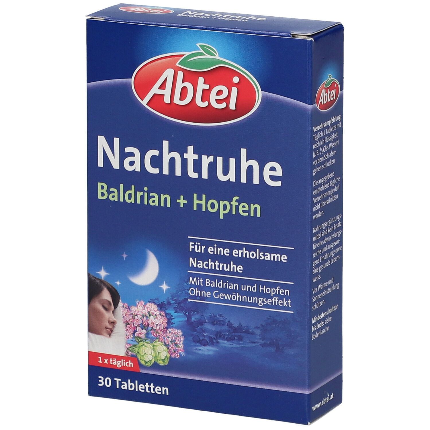 Blau-weiße Schachtel mit Produktnamen und Logo. Abtei Nachtruhe Baldrian + Hopfen. 30 Tabletten. Frau schläft.