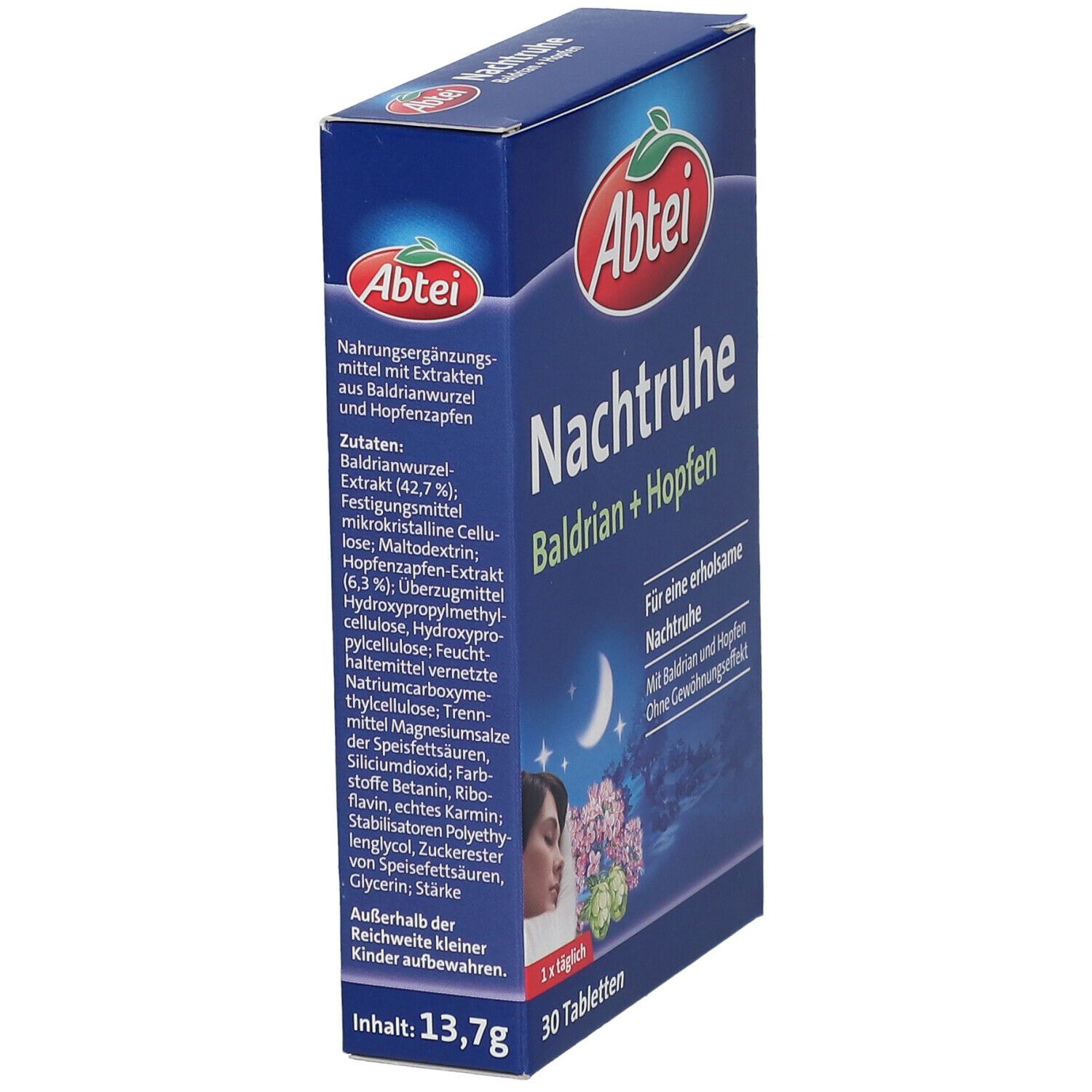 Blaue Schachtel, Produktname und Logo: Abtei Nachtruhe Baldrian + Hopfen. Zutatenliste und Inhaltsangabe. 30 Tabletten.