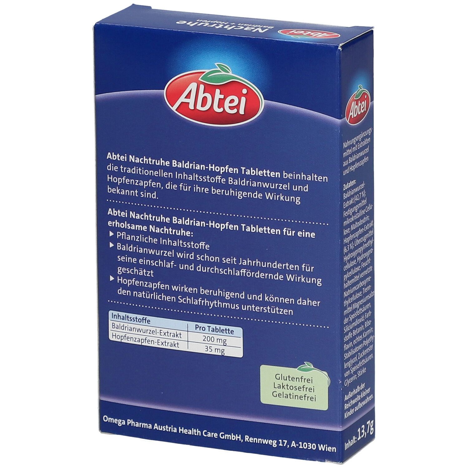 Blaue Schachtel, Rückseite. Produktname und Logo: Abtei Nachtruhe Baldrian + Hopfen. Text über Inhaltsstoffe. Glutenfrei.