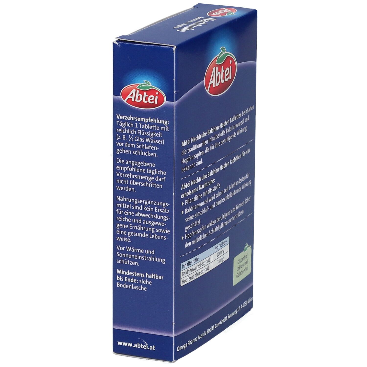Blaue Schachtel, Seite. Produktname und Logo: Abtei Nachtruhe Baldrian + Hopfen. Verzehrempfehlung. Mindesthaltbarkeitsdatum.