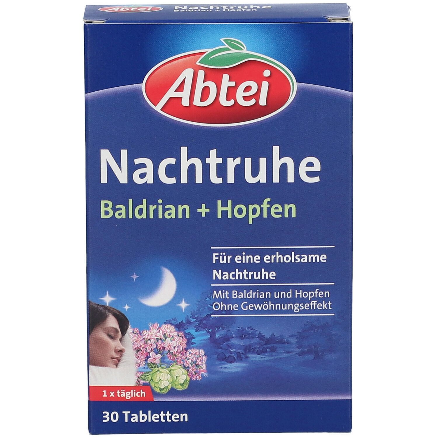 Blaue Schachtel, Produktname und Logo: Abtei Nachtruhe Baldrian + Hopfen. 30 Tabletten. Frau schläft. Mond und Blumen.