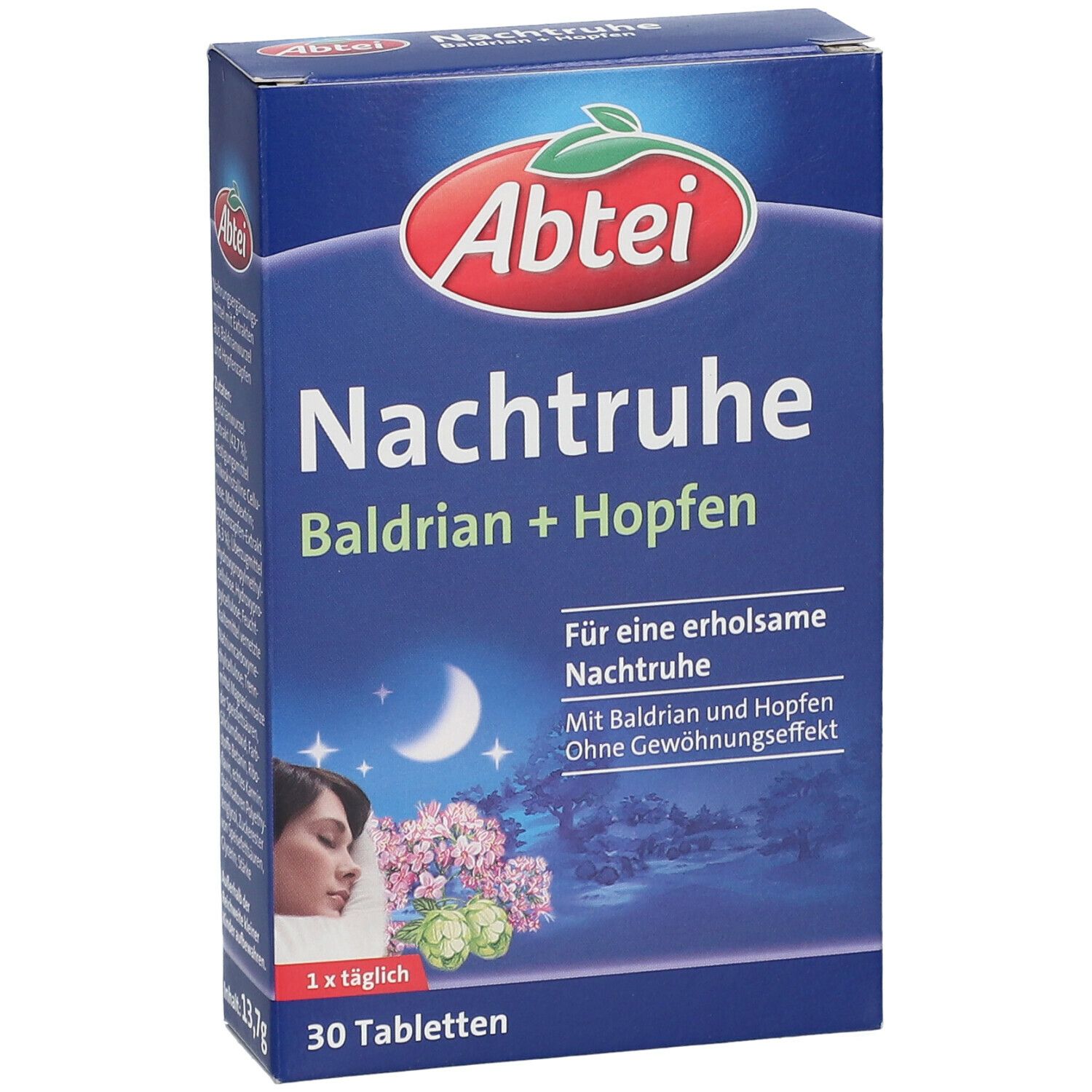 Blaue Schachtel, Produktname und Logo: Abtei Nachtruhe Baldrian + Hopfen. 30 Tabletten. Frau schläft. Mond und Blumen.