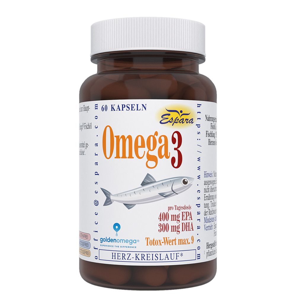 Braune Kapseln in einer braunen Flasche mit weißem Deckel. Aufschrift: Omega 3, Fisch-Illustration, 60 Kapseln.