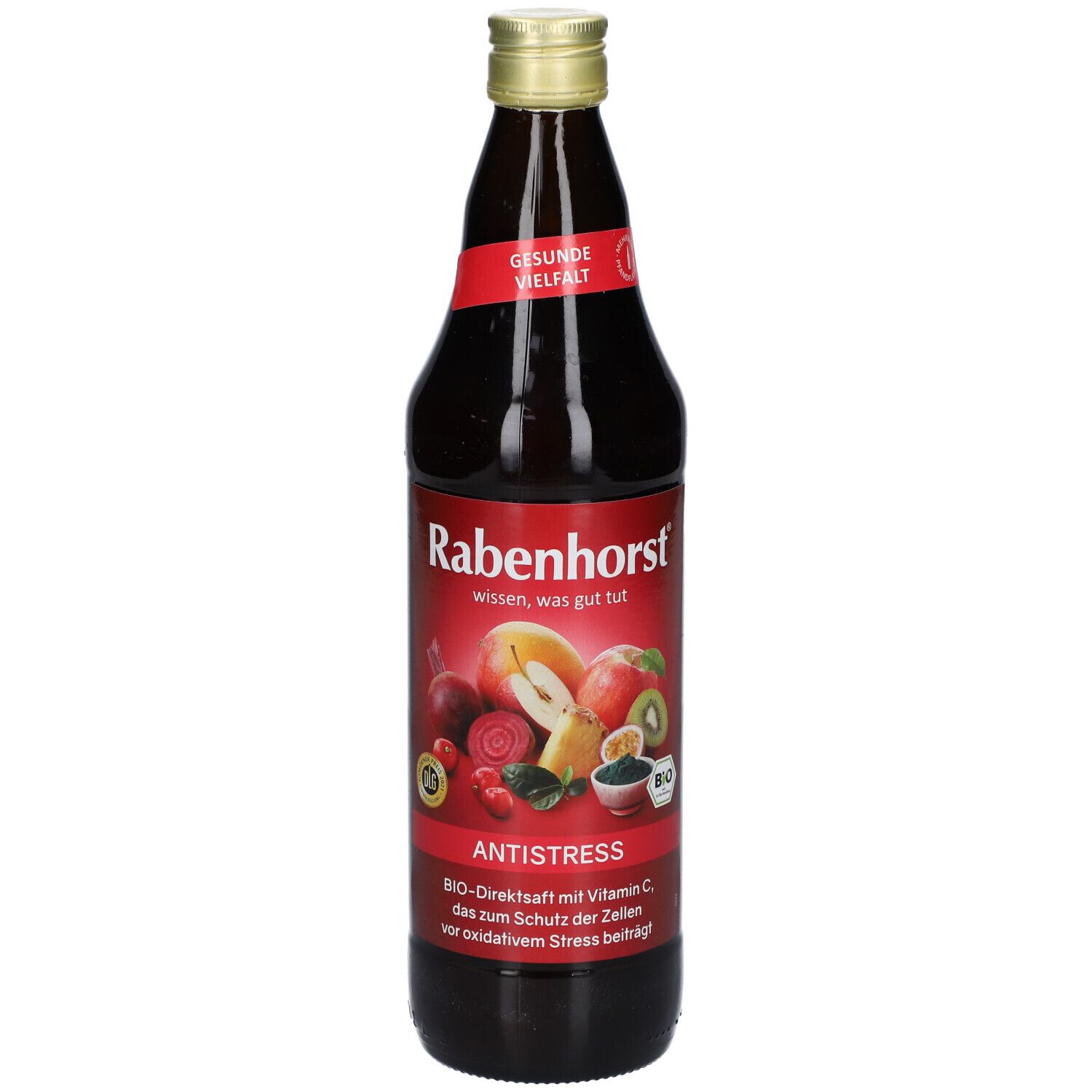 Braune Glasflasche mit goldfarbenem Deckel. Etikett mit Produktnamen und Früchten. Aufschrift: Antistress.