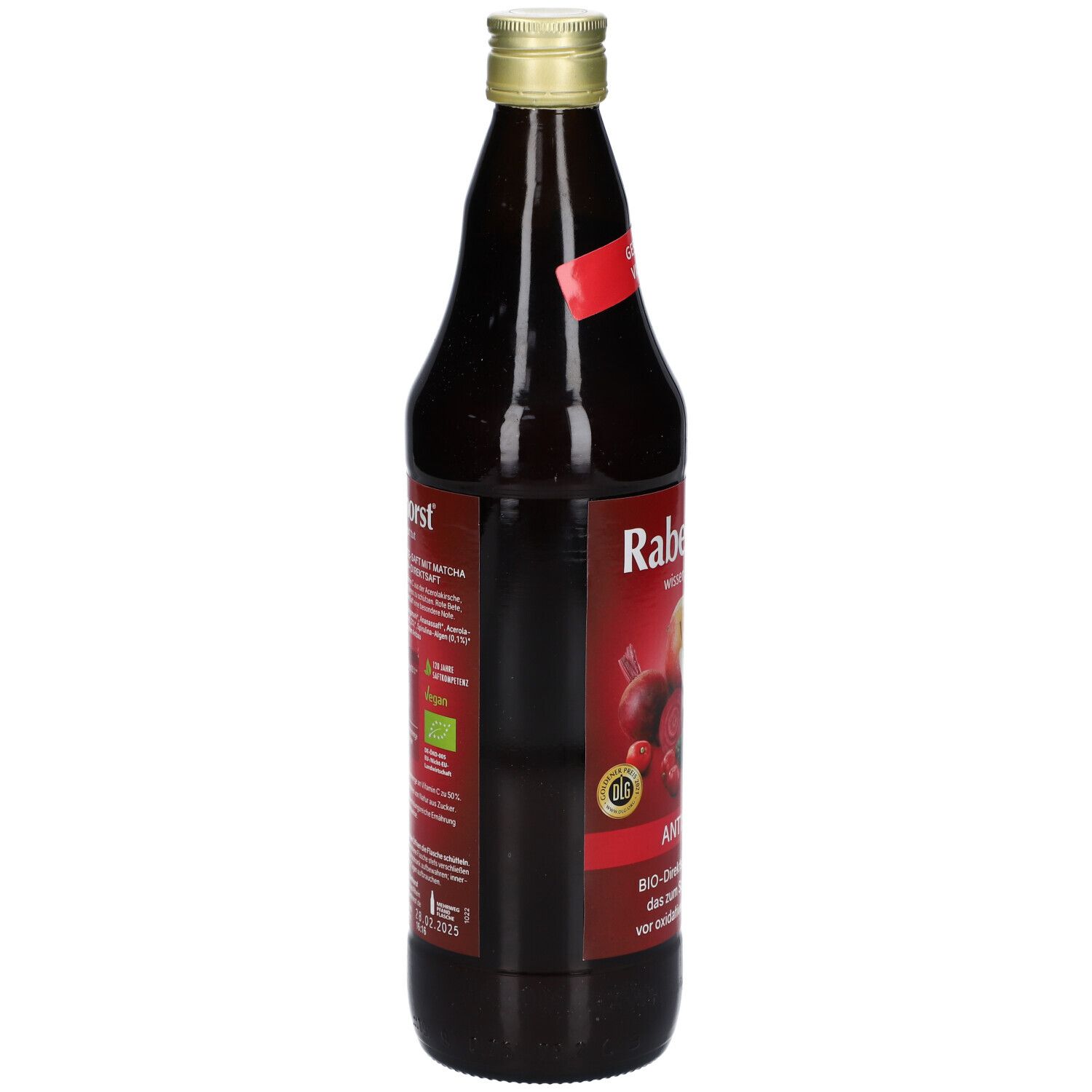 Braune Glasflasche mit goldfarbenem Deckel. Etikett mit Produktinformationen. Rückansicht.