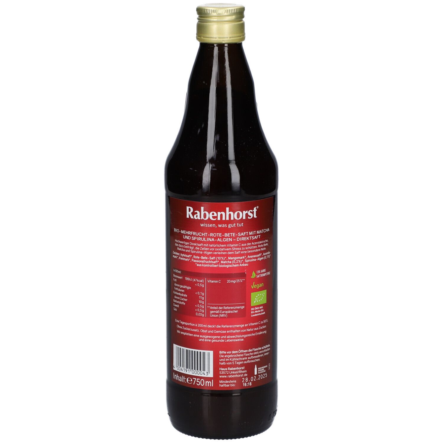 Braune Glasflasche mit goldfarbenem Deckel. Etikett mit Nährwertangaben und Inhaltsstoffen. Rückansicht.