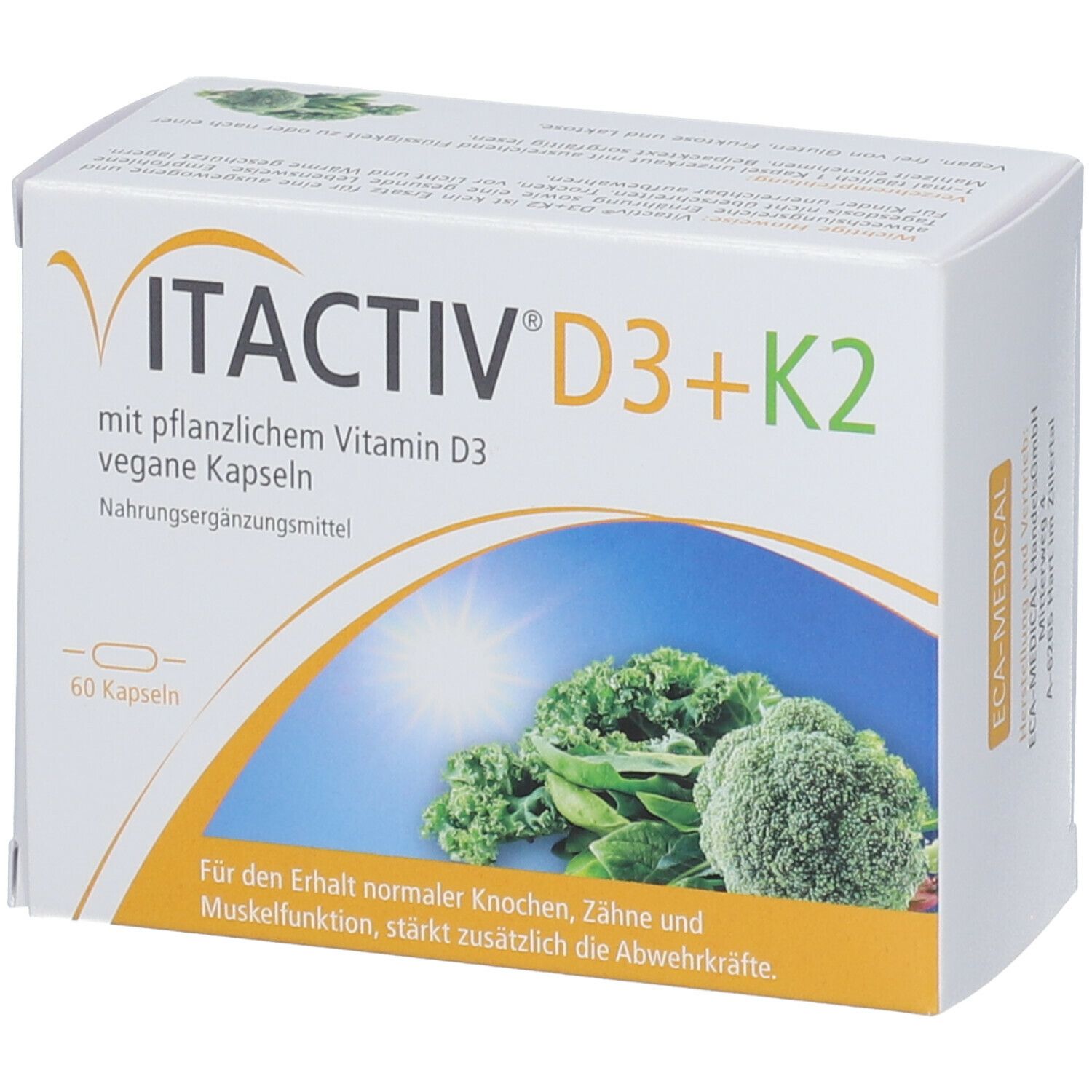 VITACTIV D3+K2-Verpackung mit 60 veganen Kapseln. Abbildung von Gemüse. Text: Nahrungsergänzungsmittel.