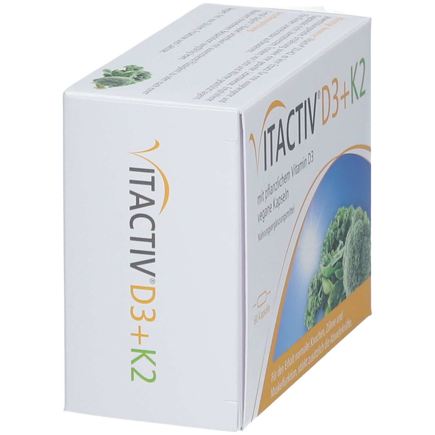 VITACTIV D3+K2-Verpackung, schräg. Text und Gemüse-Illustration. 60 vegane Kapseln. Nahrungsergänzungsmittel.