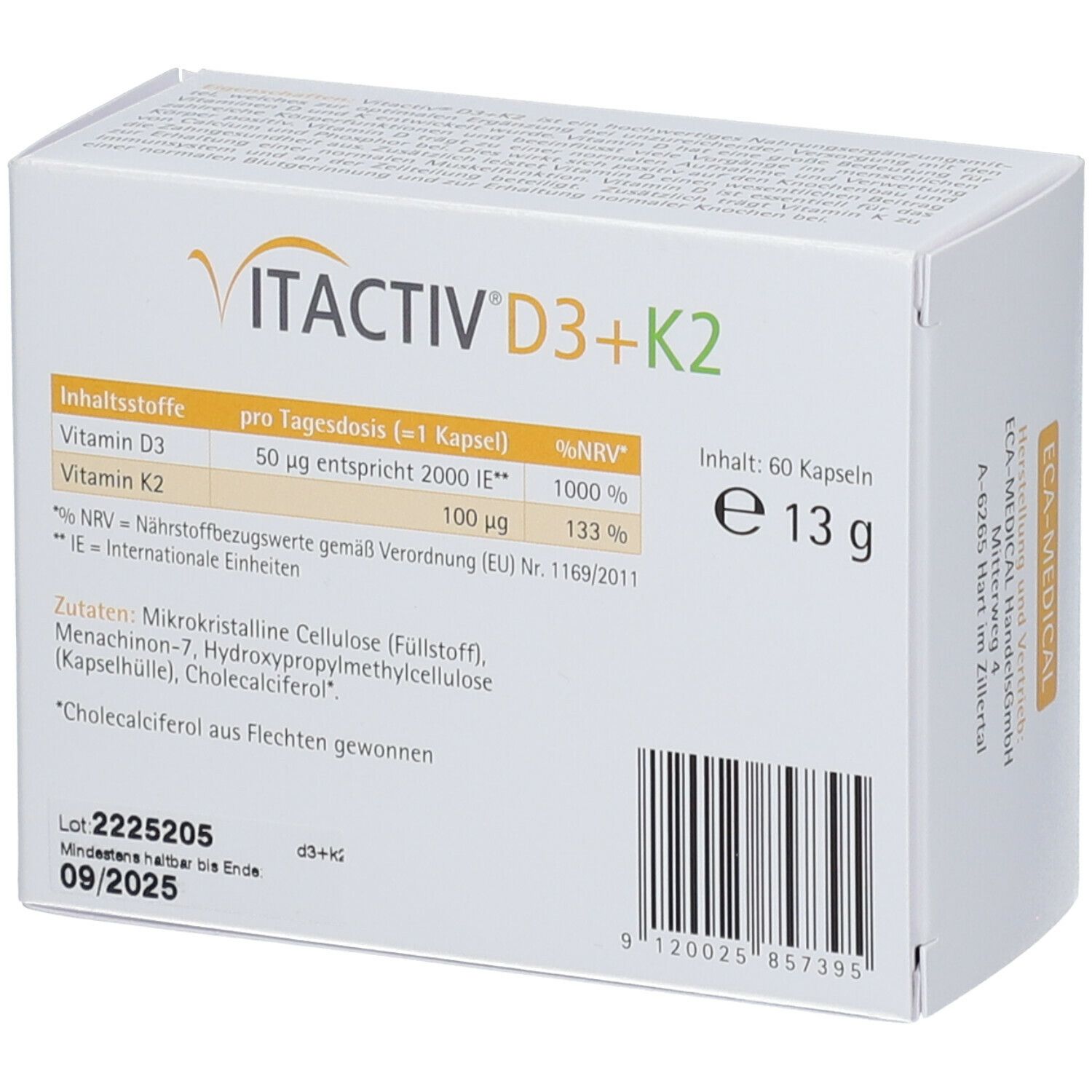 VITACTIV D3+K2-Verpackung. Nährwertangaben: Vitamin D3, K2. Inhalt: 60 Kapseln. Gewicht: 13g. MHD 09/2025.