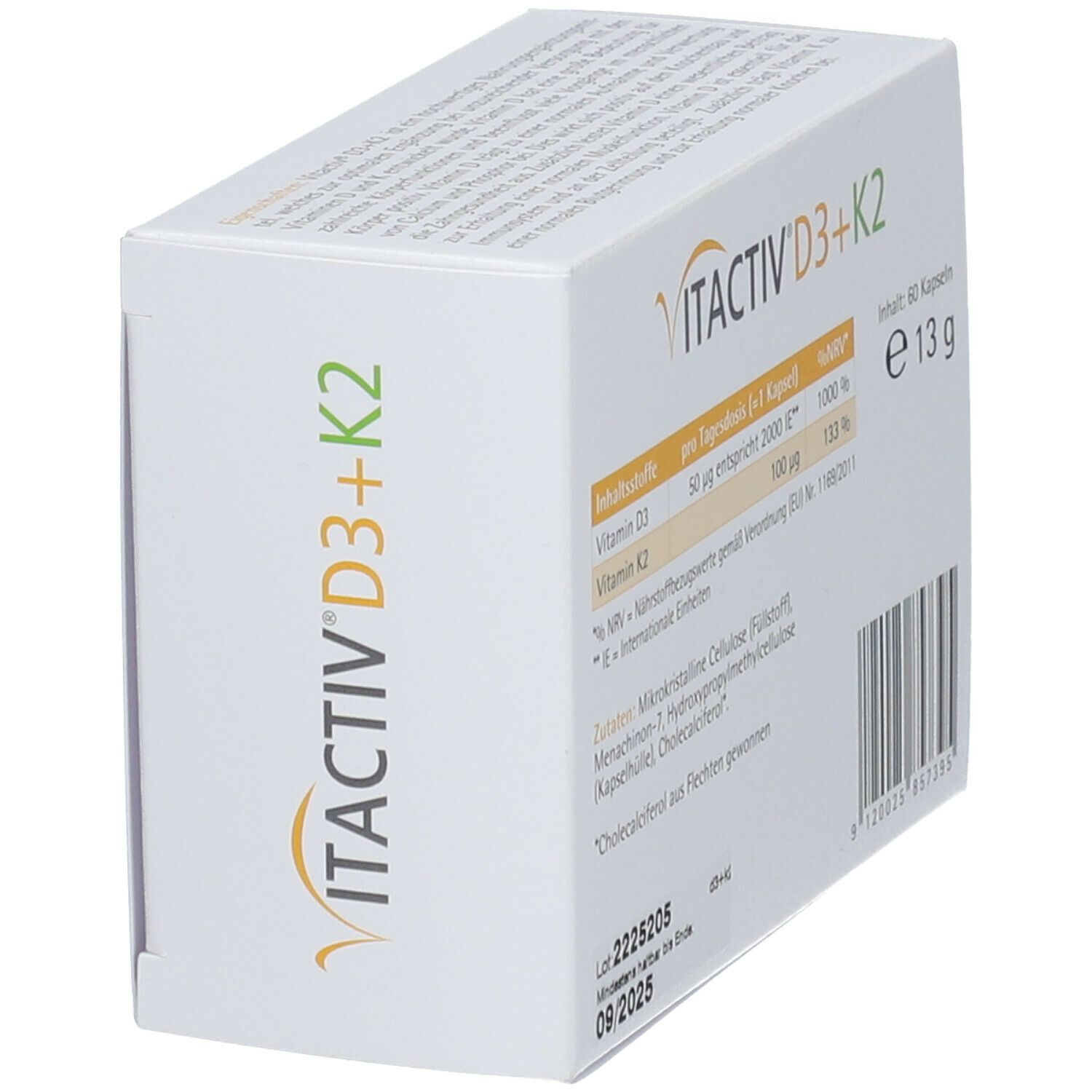 VITACTIV D3+K2-Verpackung, schräg. Nährwertangaben: Vitamin D3, K2. Inhalt: 60 Kapseln. MHD 09/2025.