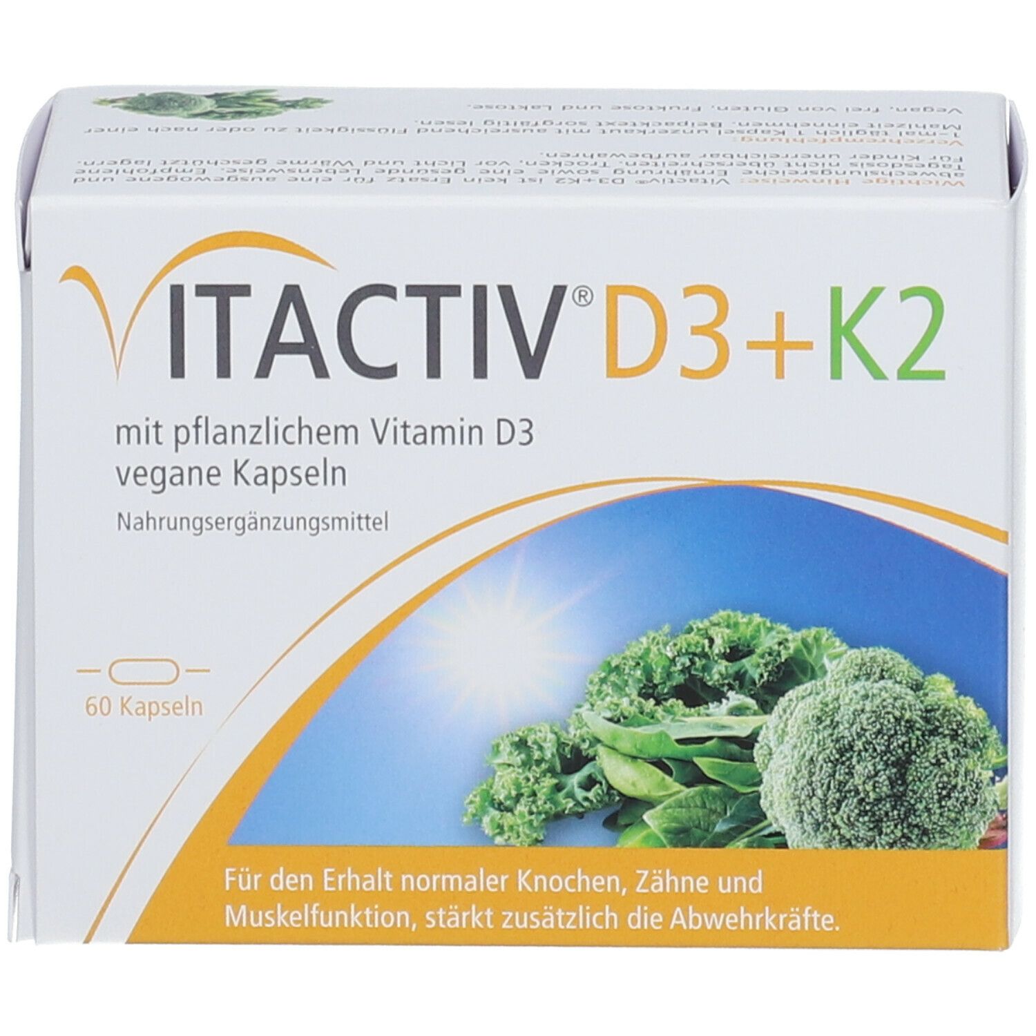 VITACTIV D3+K2-Verpackung mit 60 veganen Kapseln. Text: Nahrungsergänzungsmittel. Abbildung von Gemüse.