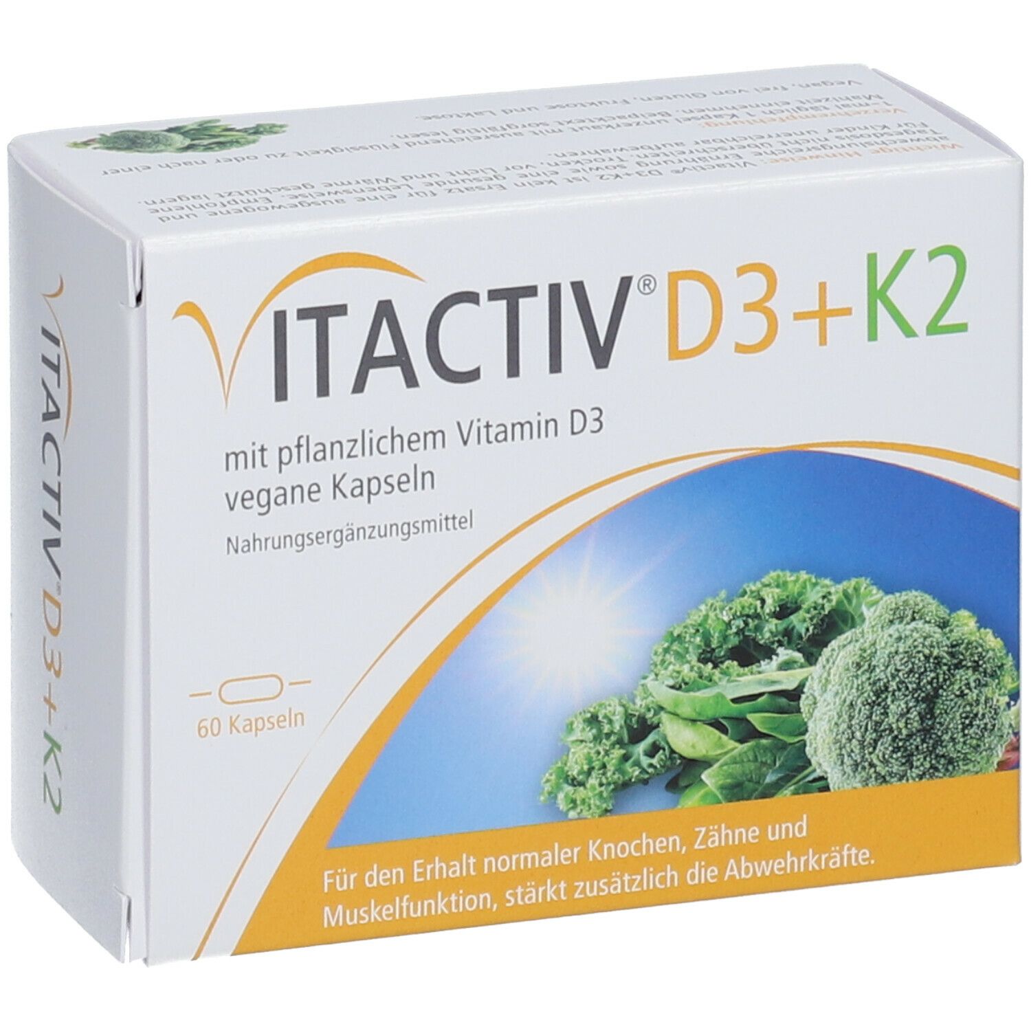 VITACTIV D3+K2-Verpackung mit 60 veganen Kapseln. Text: Nahrungsergänzungsmittel. Sonne und Gemüse.