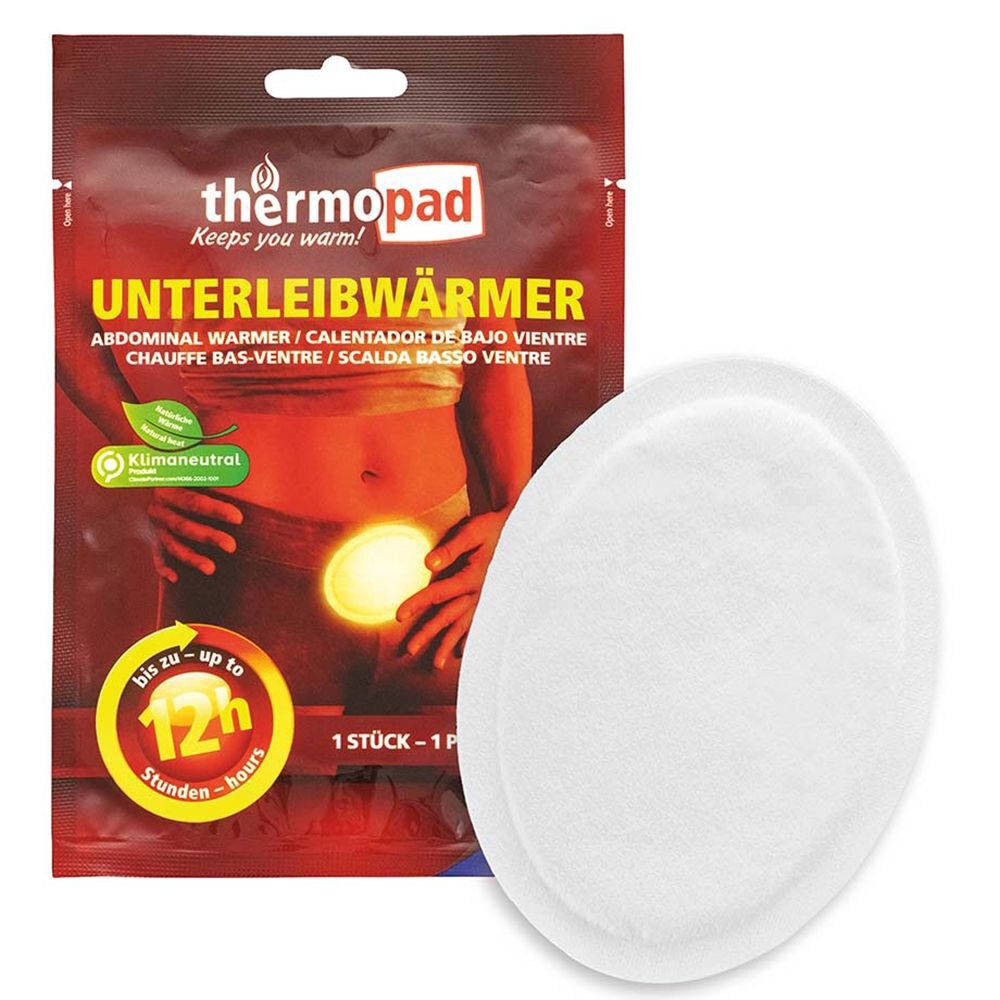 Beutel mit Wärmepads. Aufschrift: thermopad UNTERLEIBWÄRMER. Ein Pad liegt daneben. Klimaneutral. Bis zu 12 Stunden Wärme.
