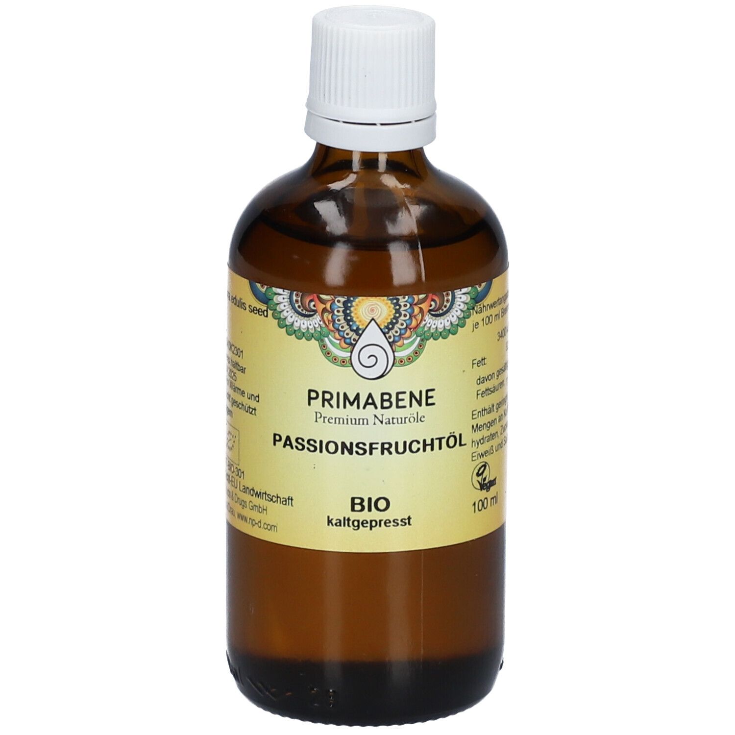 Braune Glasflasche mit weißem Deckel. Etikett mit Produktnamen und BIO-Siegel. Aufschrift: Passionsfruchtöl.