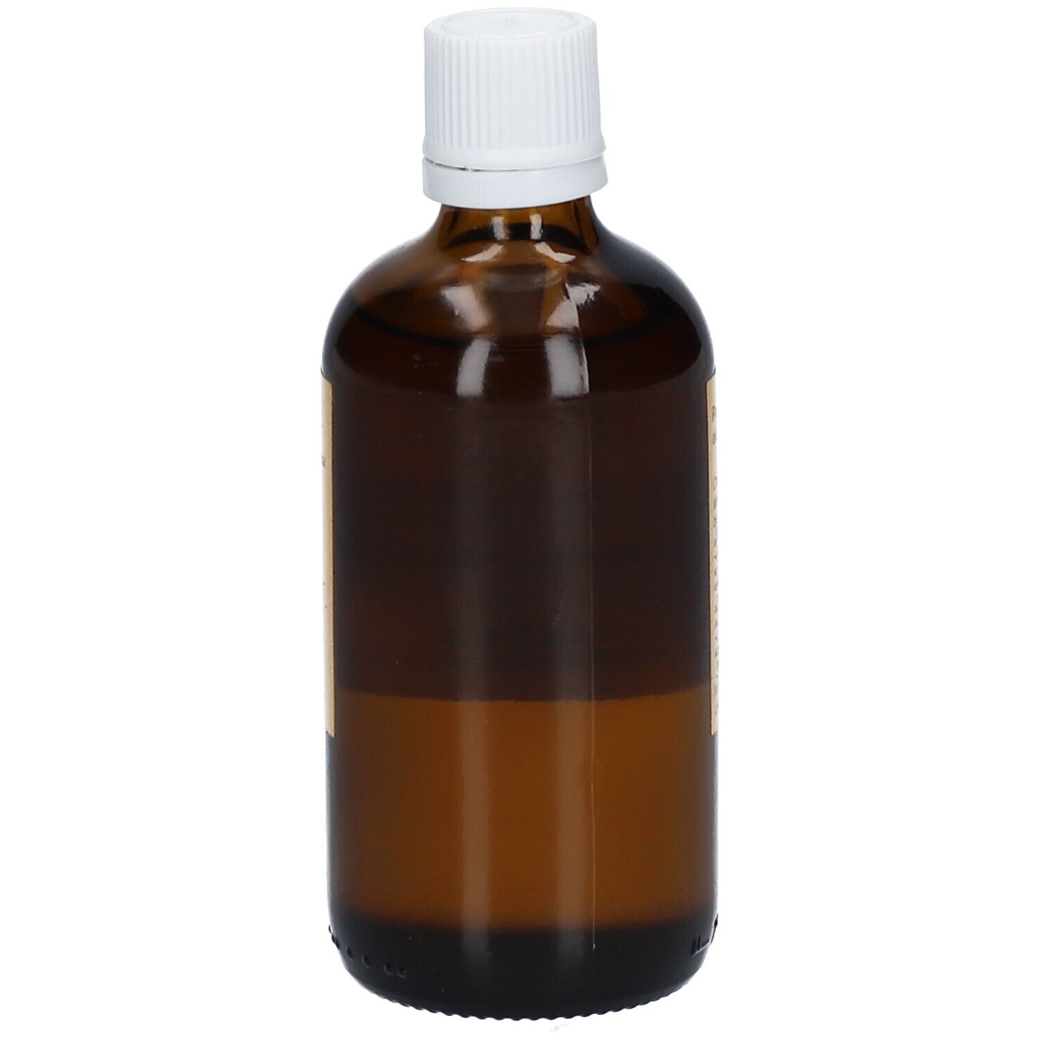 Braune Glasflasche mit weißem Deckel. Keine Etiketten sichtbar. Glatte Oberfläche.