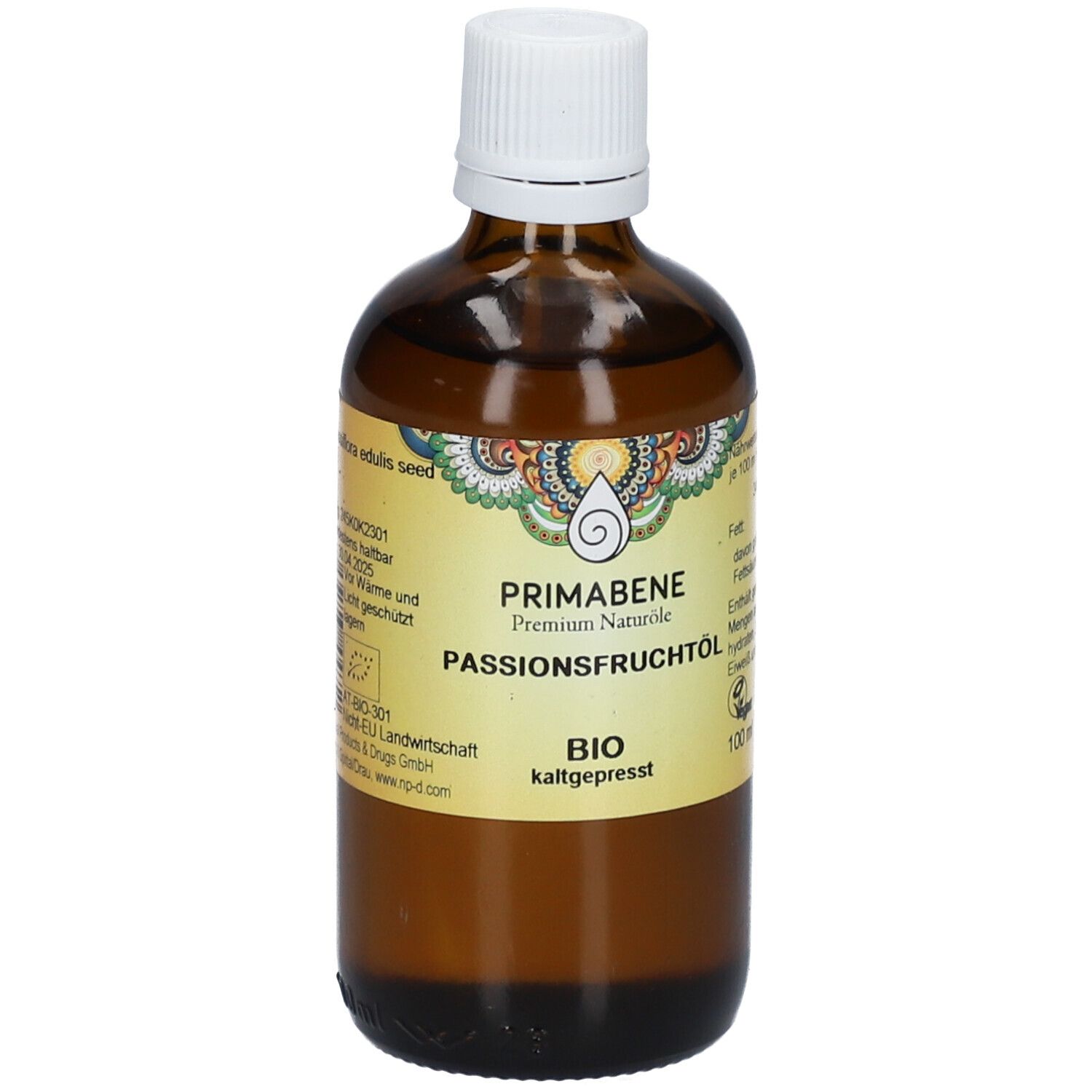 Braune Glasflasche mit weißem Deckel. Etikett mit Produktnamen und BIO-Siegel. Aufschrift: Passionsfruchtöl.
