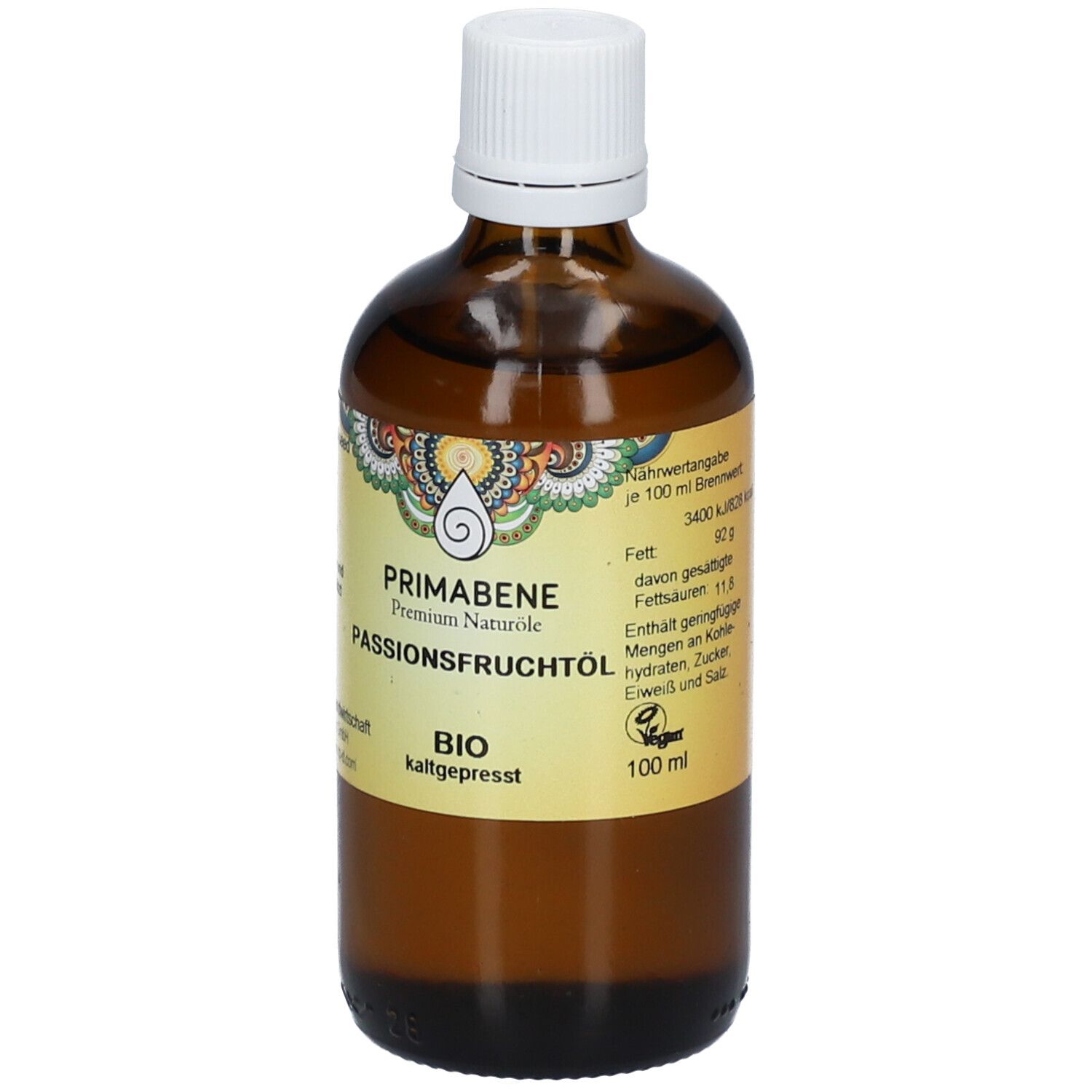 Braune Glasflasche mit weißem Deckel. Etikett mit Produktinformationen und BIO-Siegel. Aufschrift: Passionsfruchtöl.