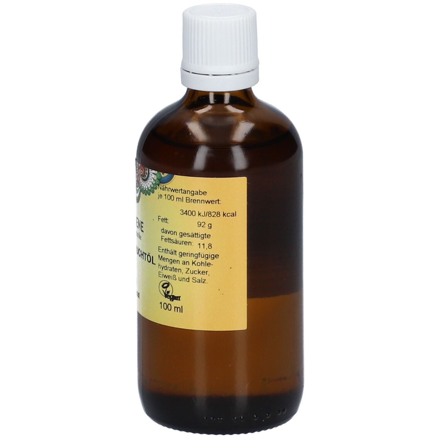 Braune Glasflasche mit weißem Deckel. Etikett mit Nährwertangaben und BIO-Siegel. Aufschrift: Passionsfruchtöl.