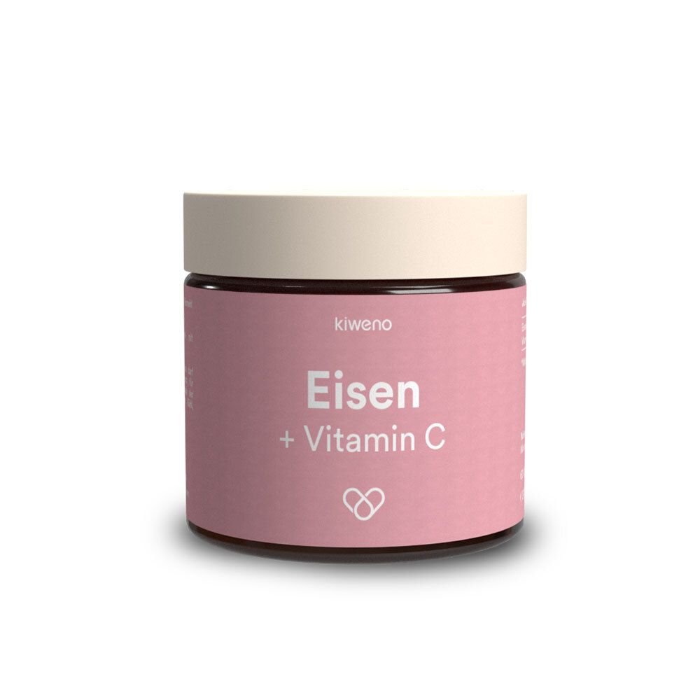 Braune Glasdose mit rosa Etikett. Aufschrift: kiweno Eisen + Vitamin C. Deckel beige.