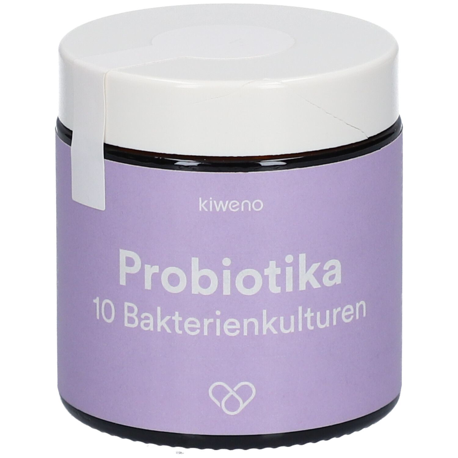 Runde Dose mit lila Etikett. Aufschrift: kiweno Probiotika 10 Bakterienkulturen. Weißer Deckel.
