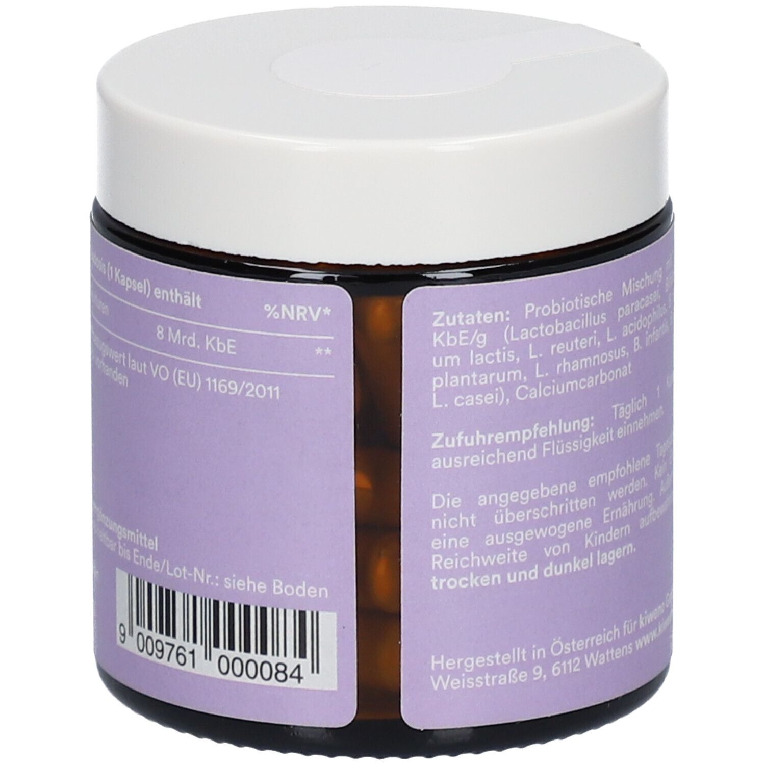 Dose mit lila Etikett. Text: Zutaten, 8 Mrd. KBE, Anwendung. Barcode. Weißer Deckel. Brauner Rand.