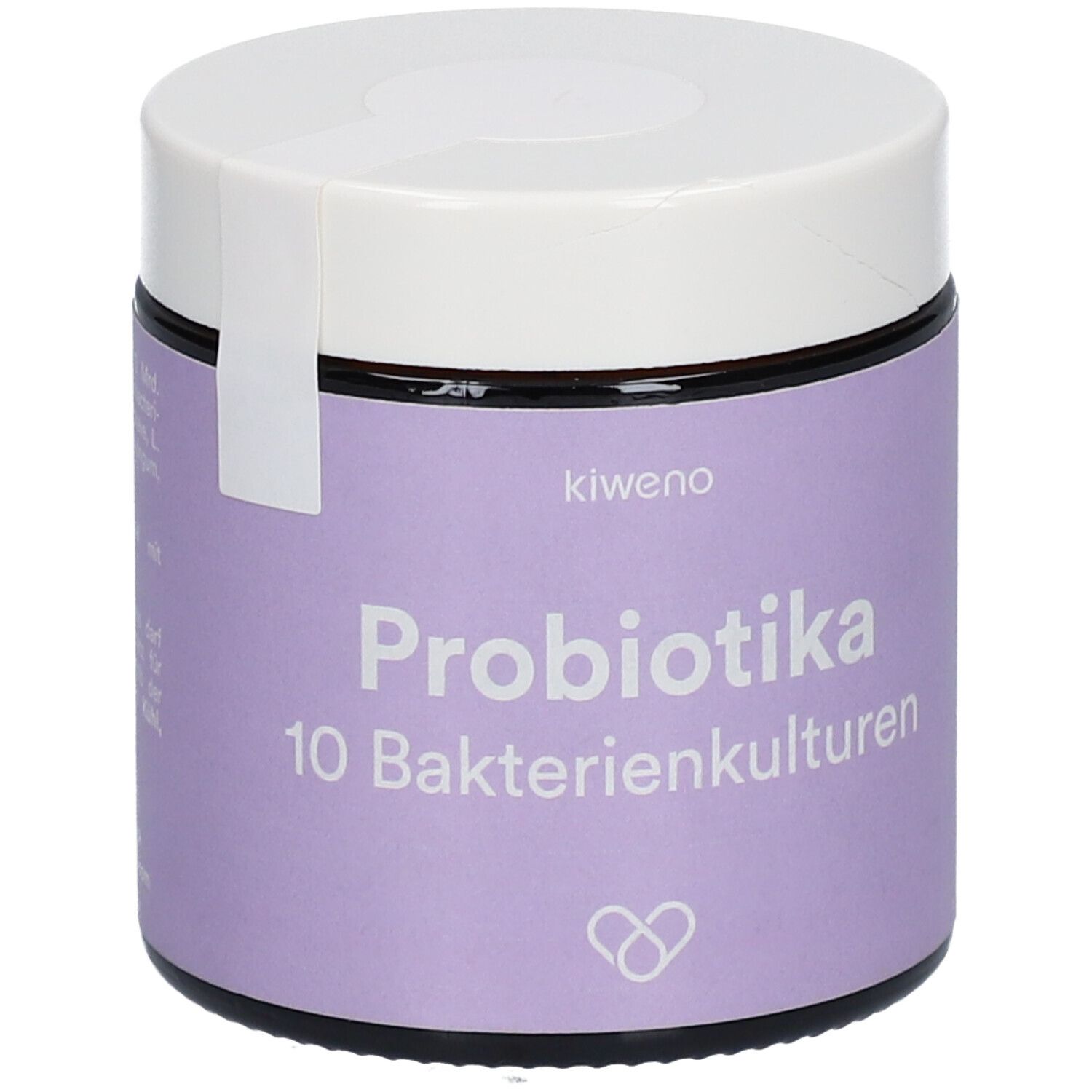 Runde Dose mit lila Etikett. Aufschrift: kiweno Probiotika 10 Bakterienkulturen. Weißer Deckel.