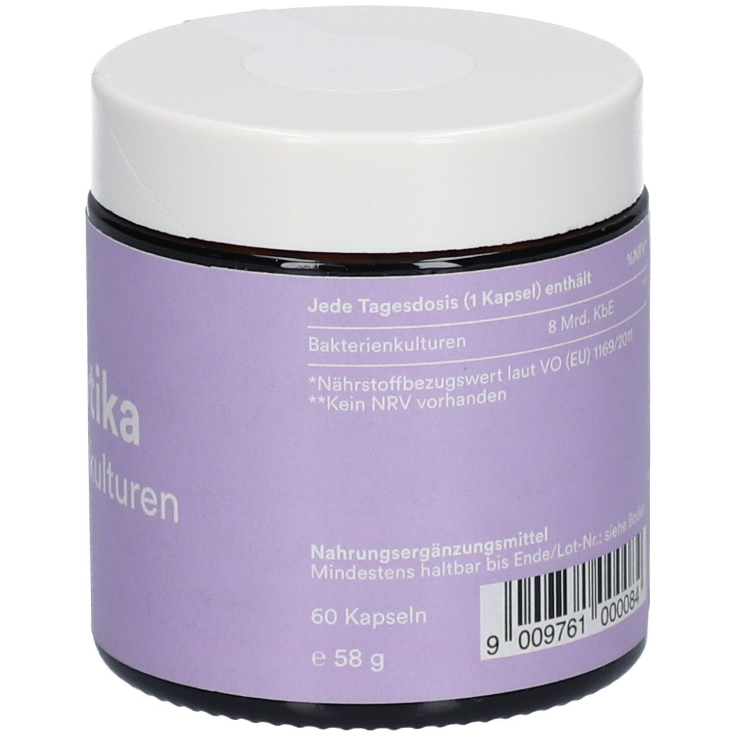 Dose mit lila Etikett. Text: 60 Kapseln, 58 g. Nährwertangaben. Weißer Deckel. Barcode.