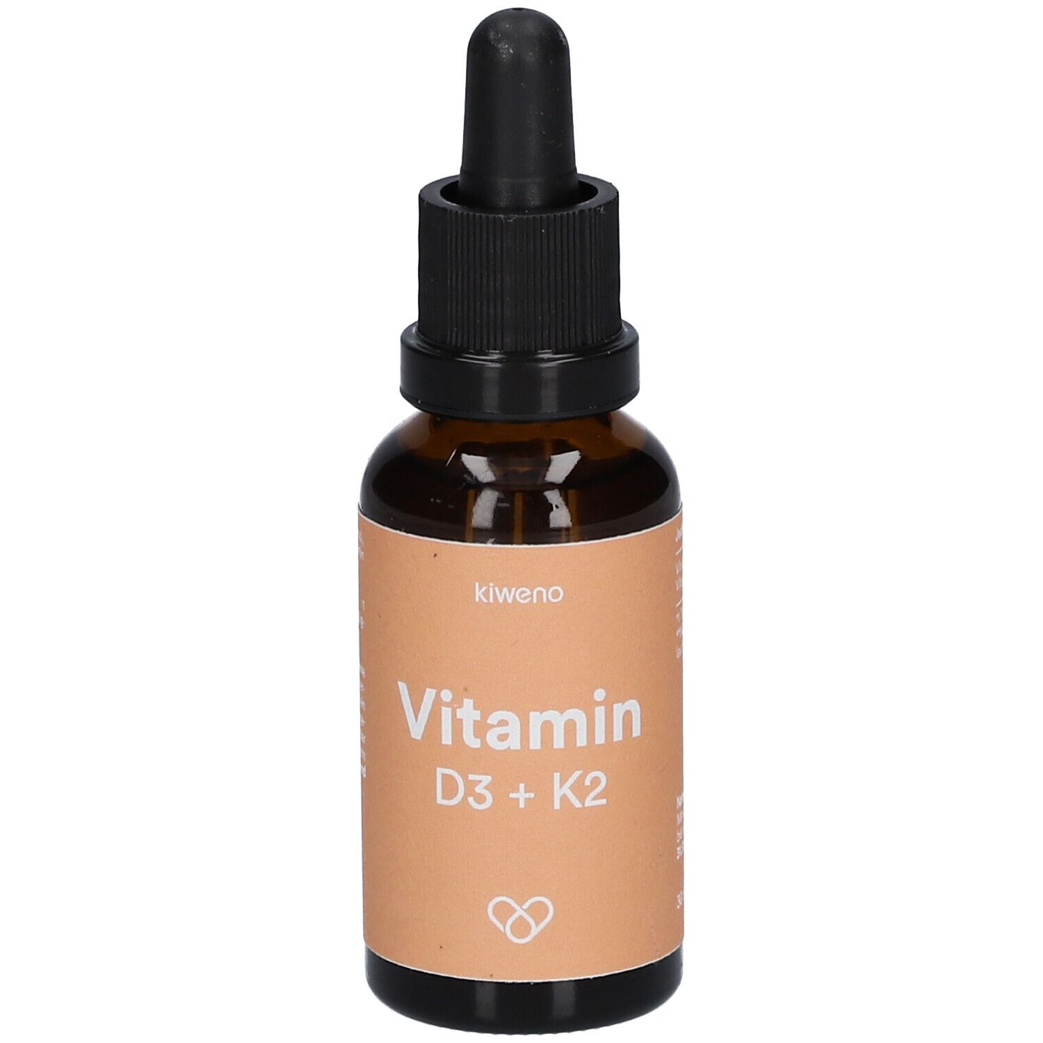 Braune Glasflasche mit Tropfer. Aufschrift: kiweno Vitamin D3 + K2.