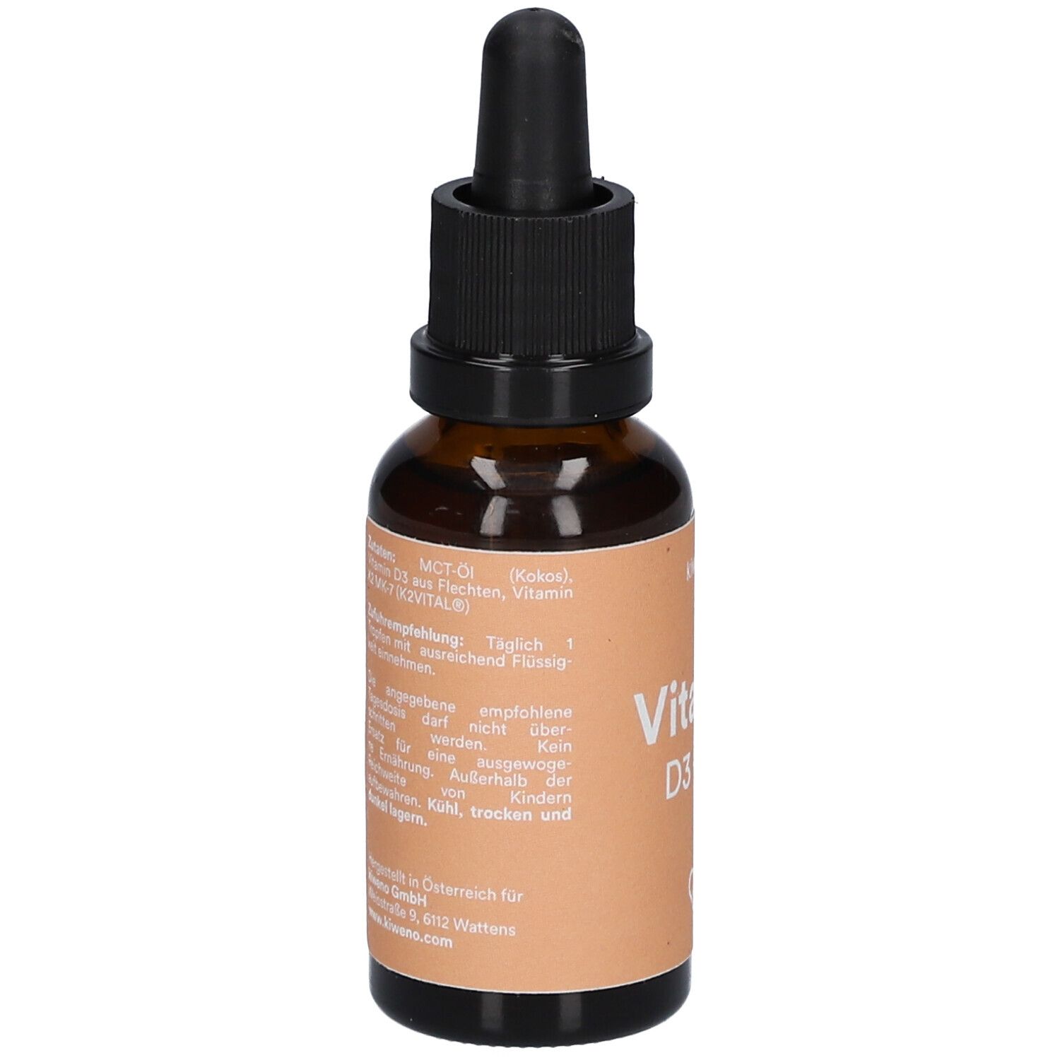 Braune Glasflasche mit Tropfer. Etikett mit Text. kiweno Vitamin D3 + K2.