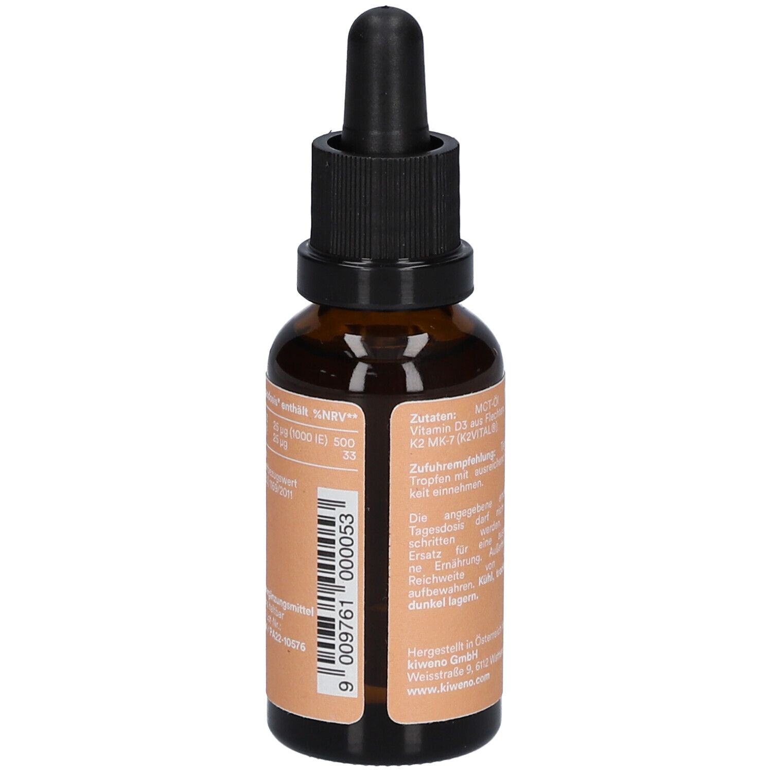 Braune Glasflasche mit Tropfer. Etikett mit Text und Barcode. kiweno Vitamin D3 + K2.