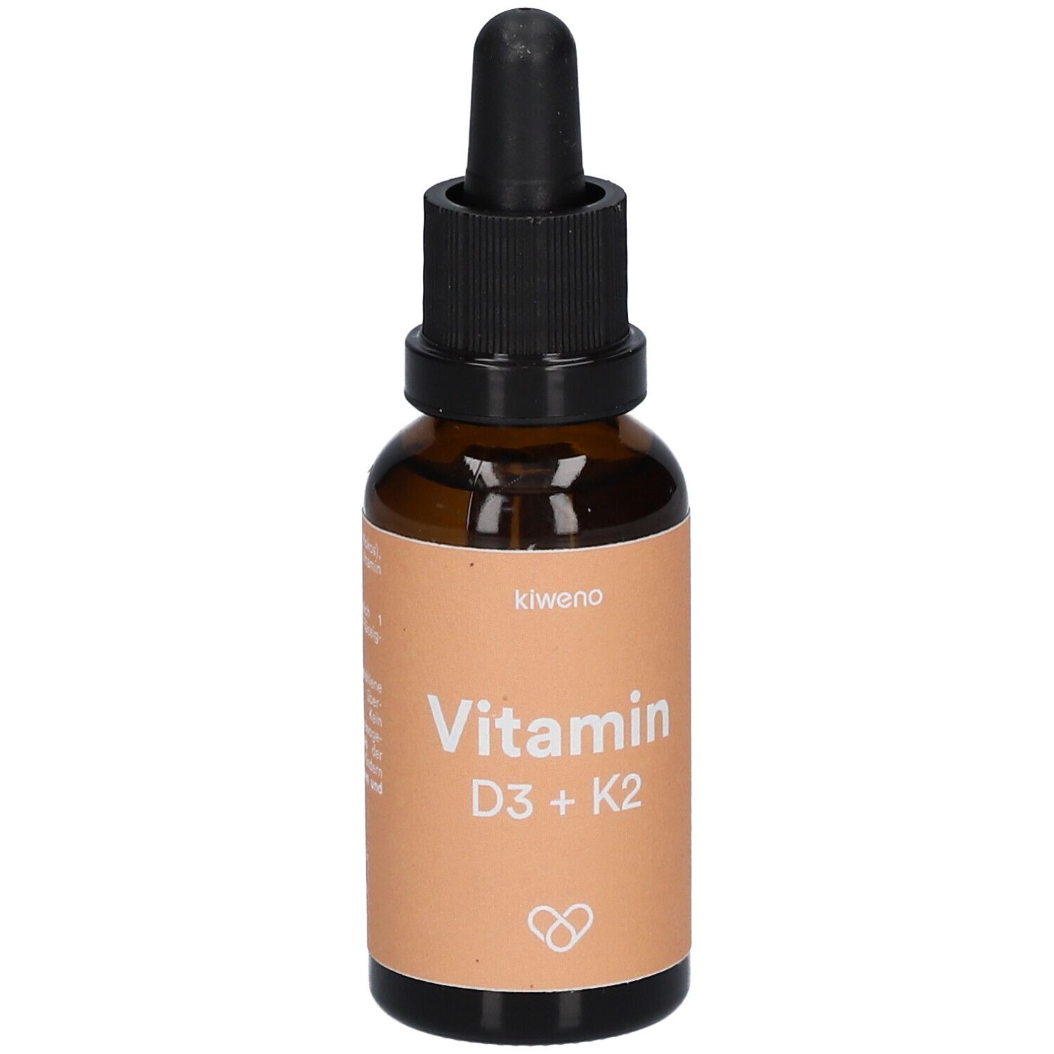 Braune Glasflasche mit Tropfer. Aufschrift: kiweno Vitamin D3 + K2.
