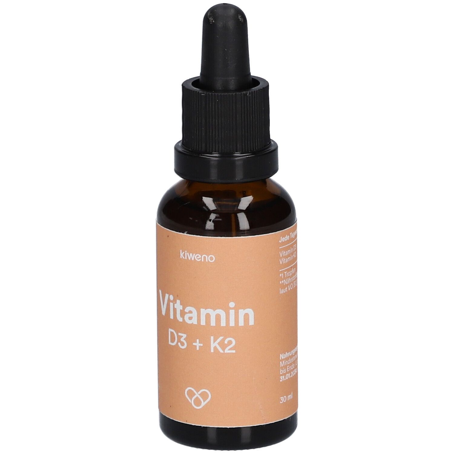 Braune Glasflasche mit Tropfer. Aufschrift: kiweno Vitamin D3 + K2. 30 ml.