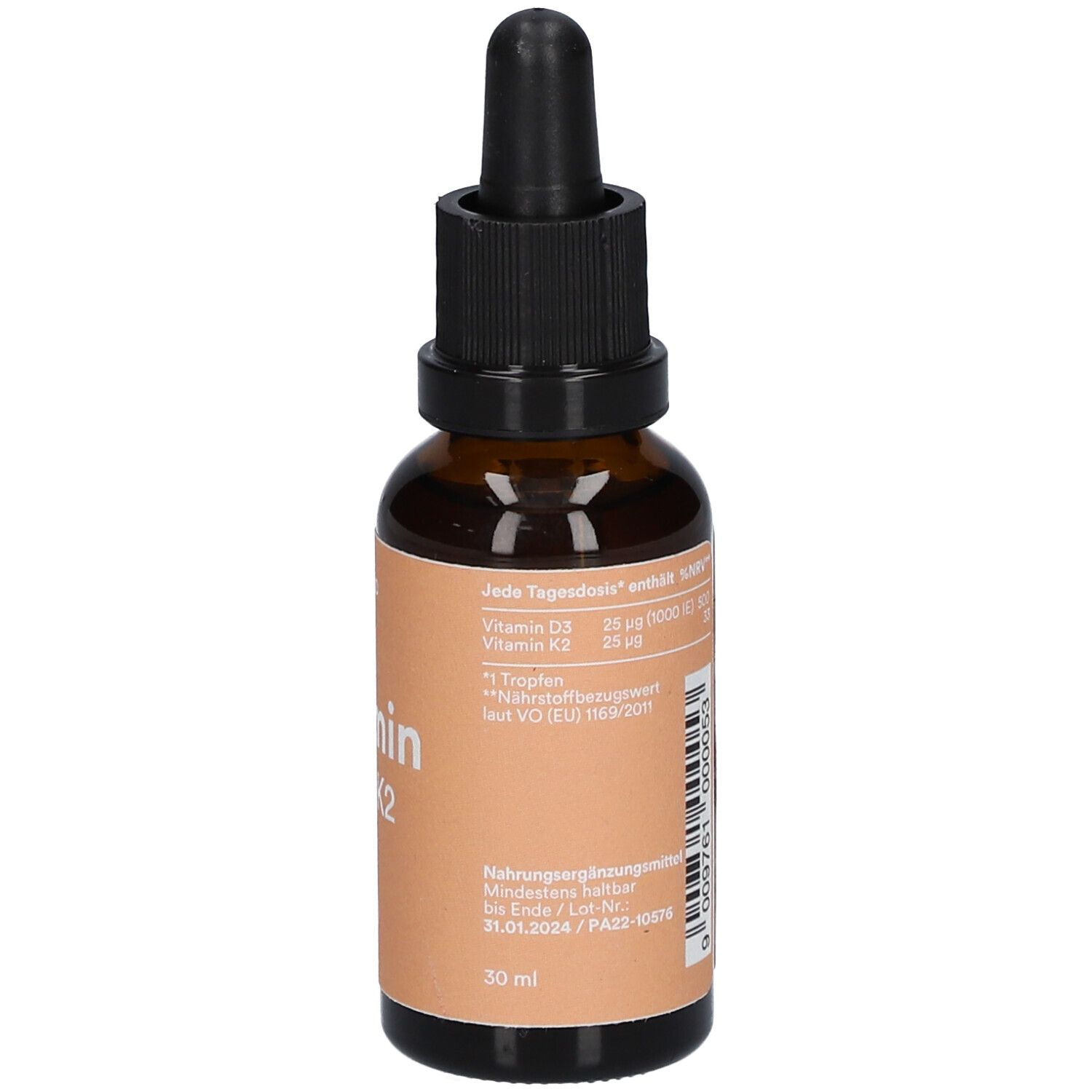 Braune Glasflasche mit Tropfer. Aufschrift: kiweno Vitamin D3 + K2. 30 ml. Text.