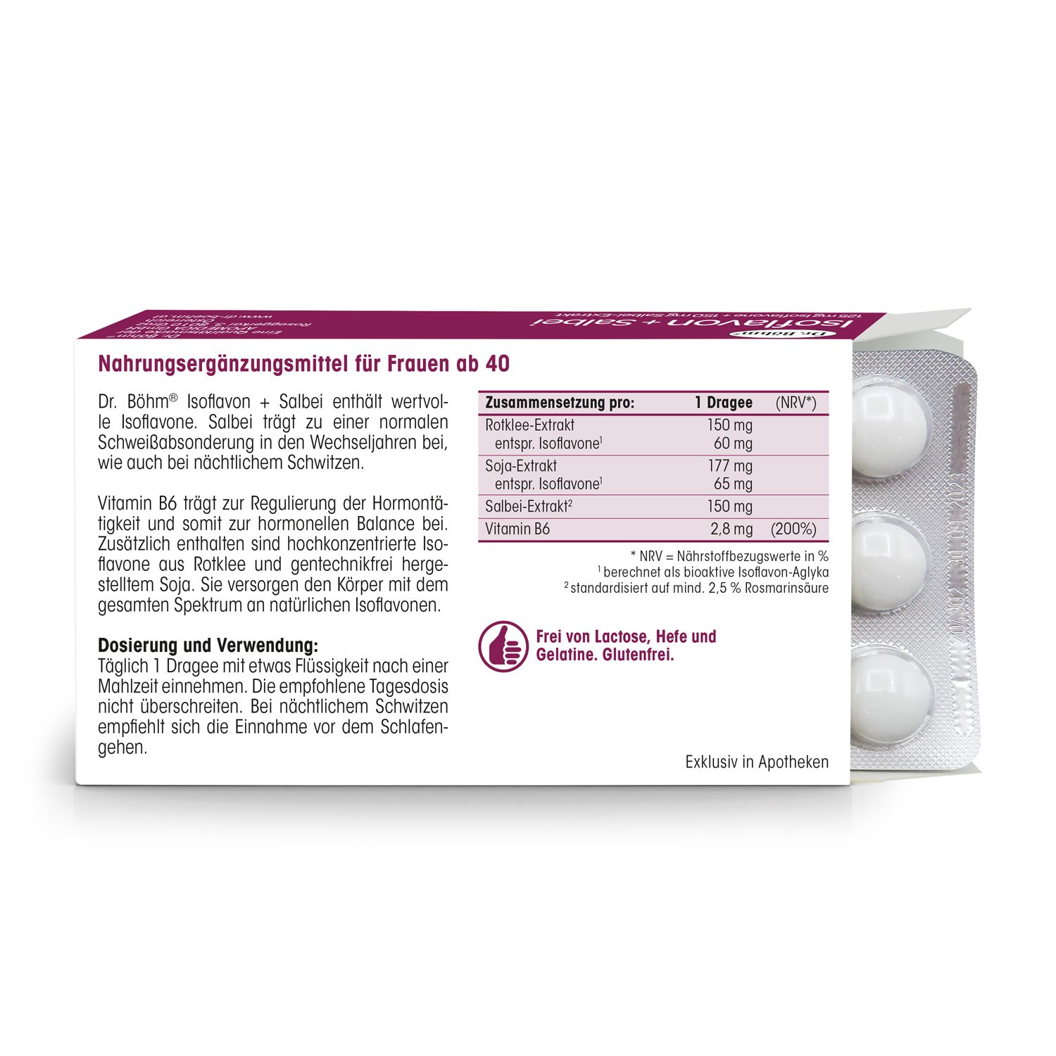 Rückseite der Packung Dr. Böhm Isoflavon + Salbei. Enthält eine Tabelle mit Inhaltsstoffen und Nährwertangaben.