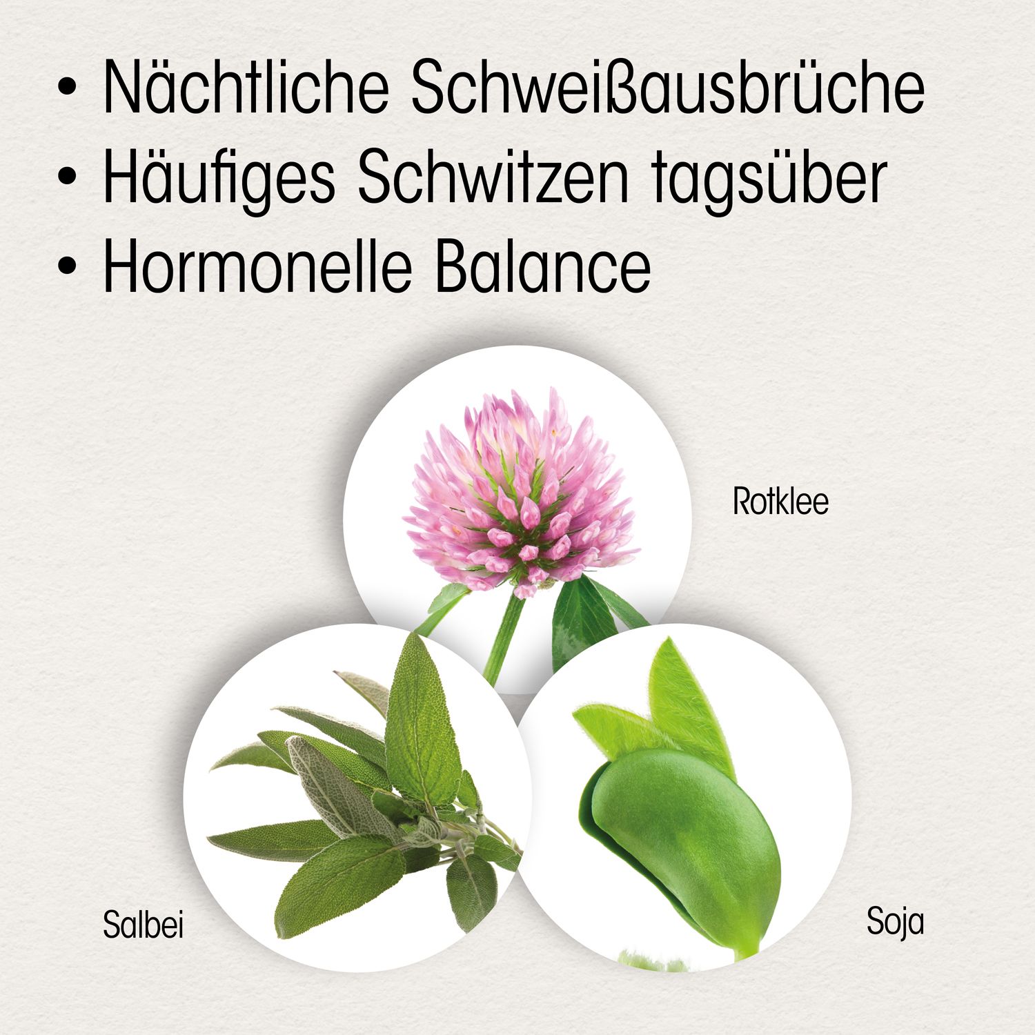 Kreisförmige Abbildungen von Rotklee, Salbei und Soja. Text: nächtliche Schweißausbrüche, häufiges Schwitzen, hormonelle Balance.