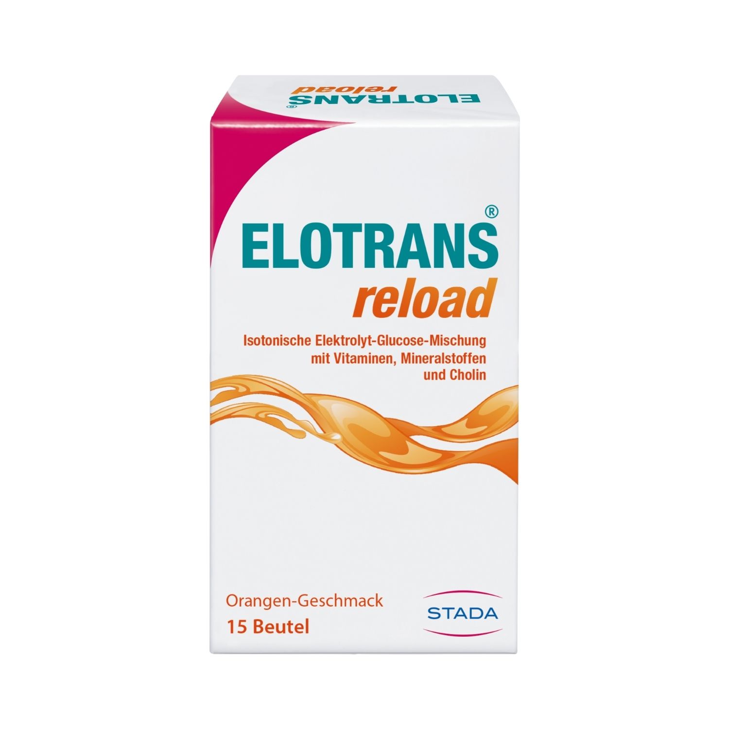 Elotrans reload-Verpackung. Weiße Schachtel mit pinken und blauen Akzenten. Enthält 15 Beutel. Orangen-Geschmack.
