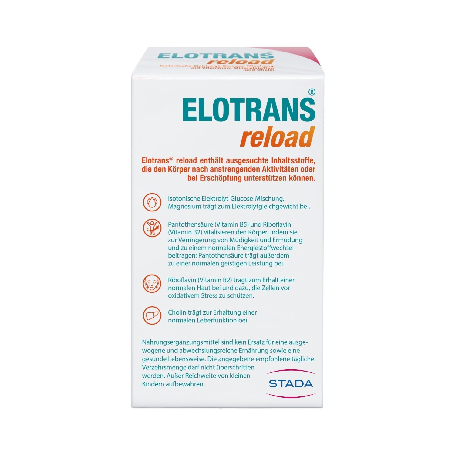Rückseite der Elotrans reload-Verpackung. Text über Inhaltsstoffe und Vorteile. Marke STADA.