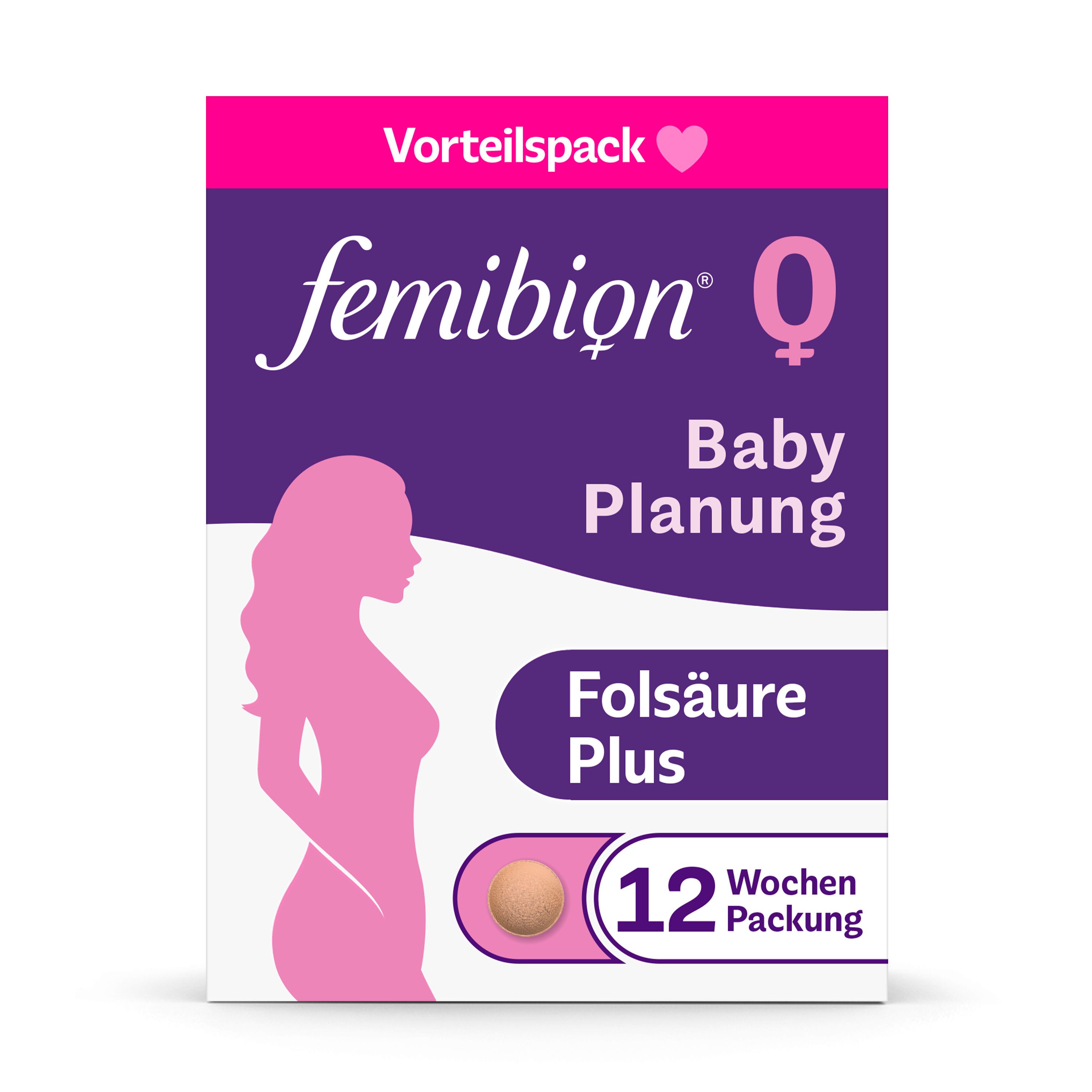 Femibion® 0 BabyPlanung Packung. Lila-weiß Verpackung mit Umriss einer Frau. Enthält Folsäure Plus.