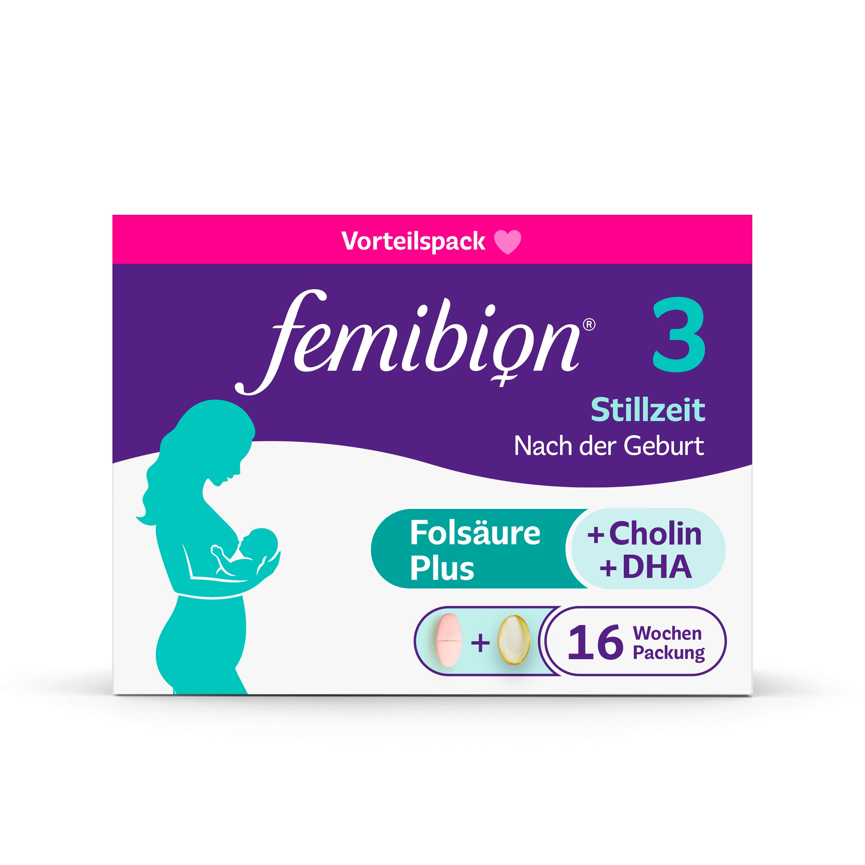 Femibion® 3 Stillzeit Packung. Lila-weiß Verpackung mit Frau und Baby-Silhouette. Enthält Folsäure Plus, Cholin, DHA.