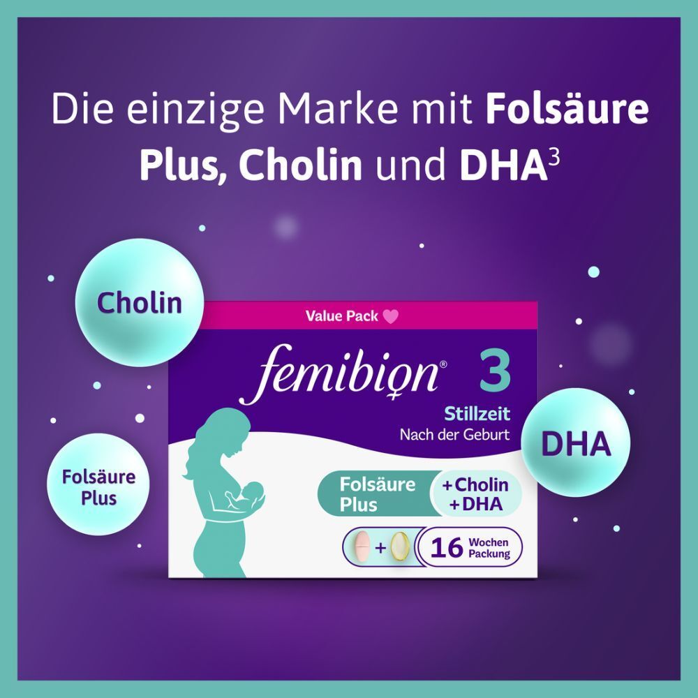Werbung für Femibion® 3 Stillzeit. Lila Hintergrund mit Produktabbildung und Text. Enthält Folsäure Plus, Cholin, DHA.