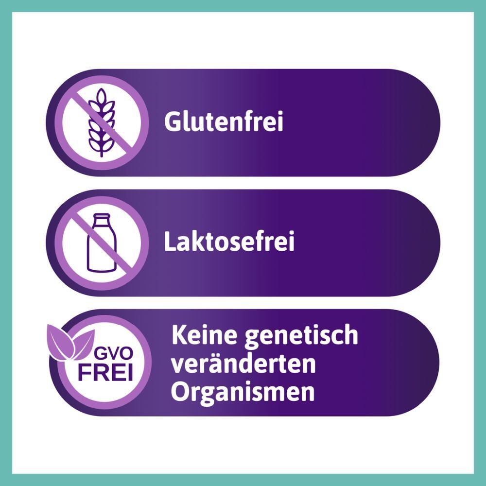 Symbole für glutenfrei, laktosefrei und gentechnikfrei. Lila Hintergrund.