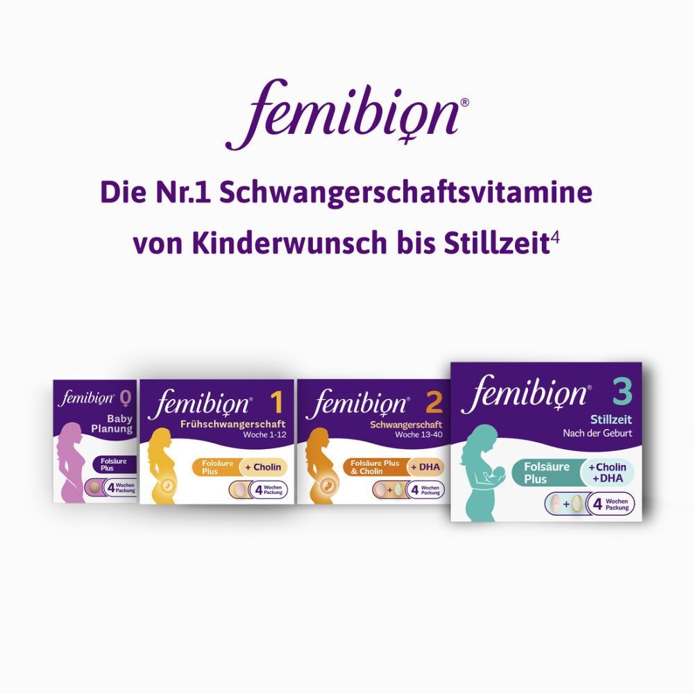 Femibion® Produktreihe. Verpackungen für BabyPlanung, Frühschwangerschaft, Schwangerschaft und Stillzeit.