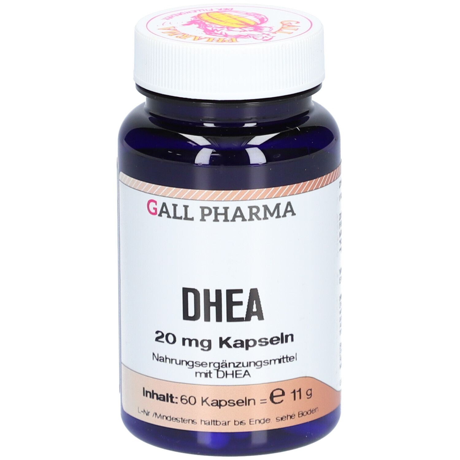 Dunkelblaue Flasche mit weißem Deckel. Aufschrift: GALL PHARMA, DHEA 20 mg Kapseln. Nahrungsergänzungsmittel mit DHEA.