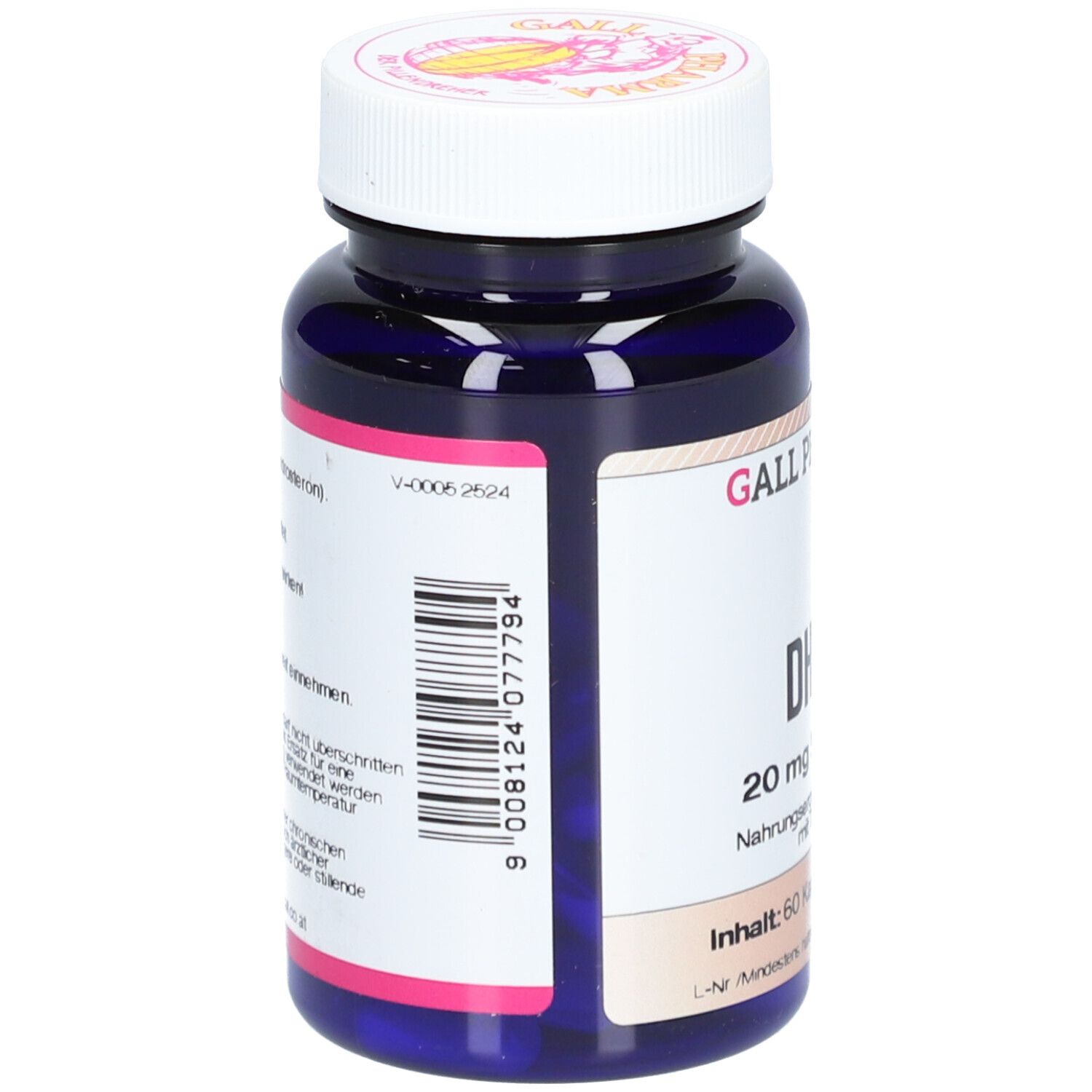 Rückseite einer dunkelblauen Flasche mit weißem Deckel. Barcode und Textinformationen. GALL PHARMA, DHEA 20 mg Kapseln.