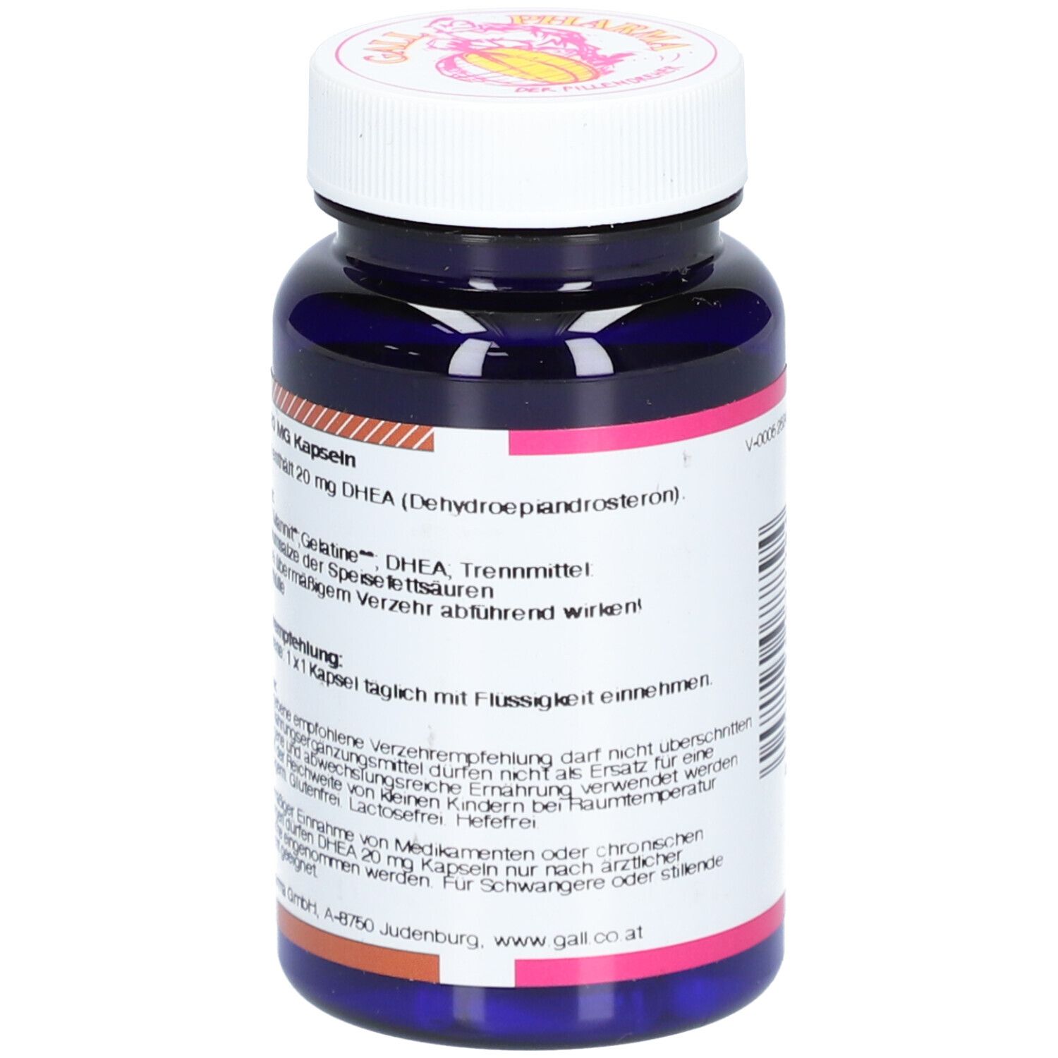 Rückseite einer dunkelblauen Flasche mit weißem Deckel. Textinformationen zu Inhaltsstoffen und Anwendung. GALL PHARMA.