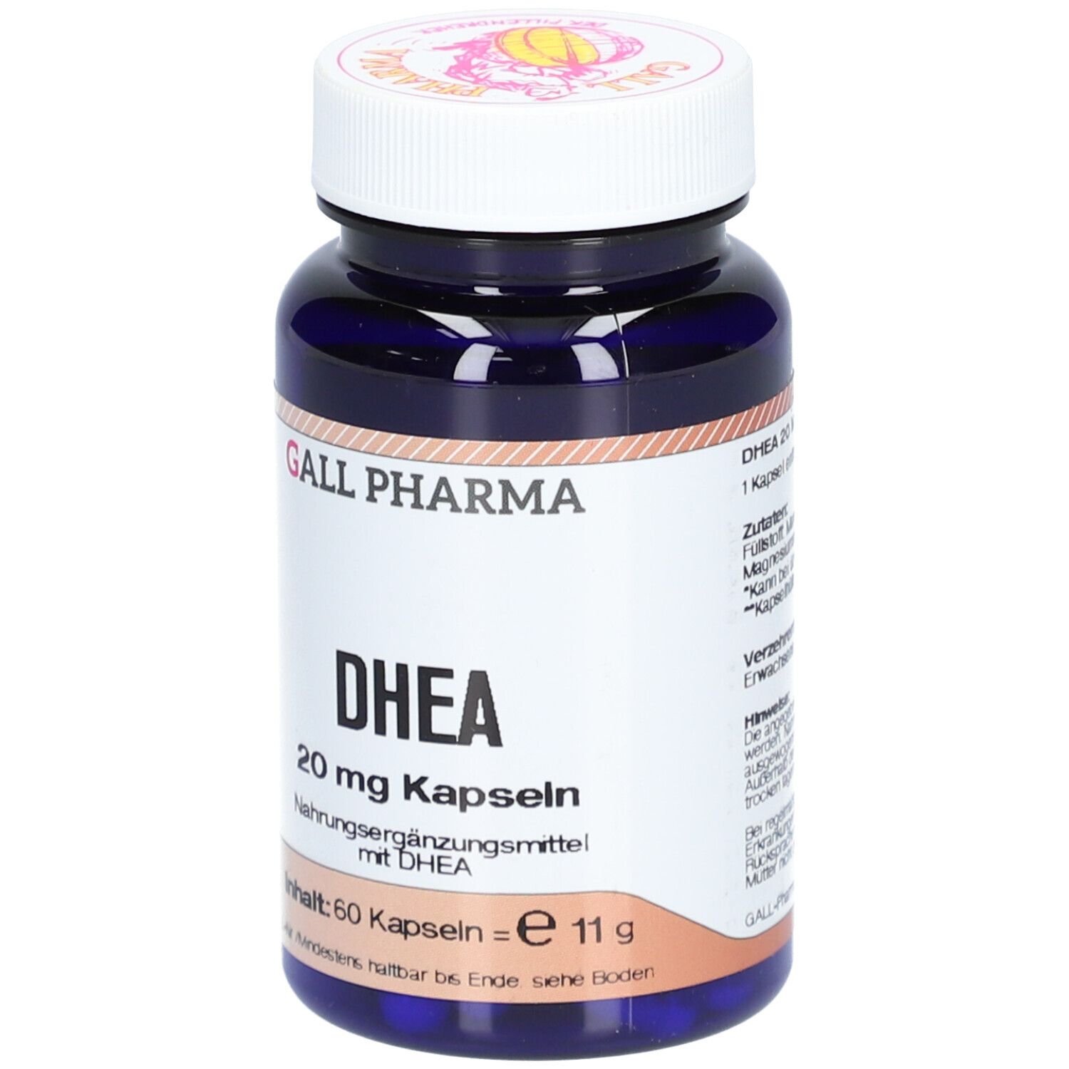 Dunkelblaue Flasche mit weißem Deckel. Aufschrift: GALL PHARMA, DHEA 20 mg Kapseln. Nahrungsergänzungsmittel mit DHEA.