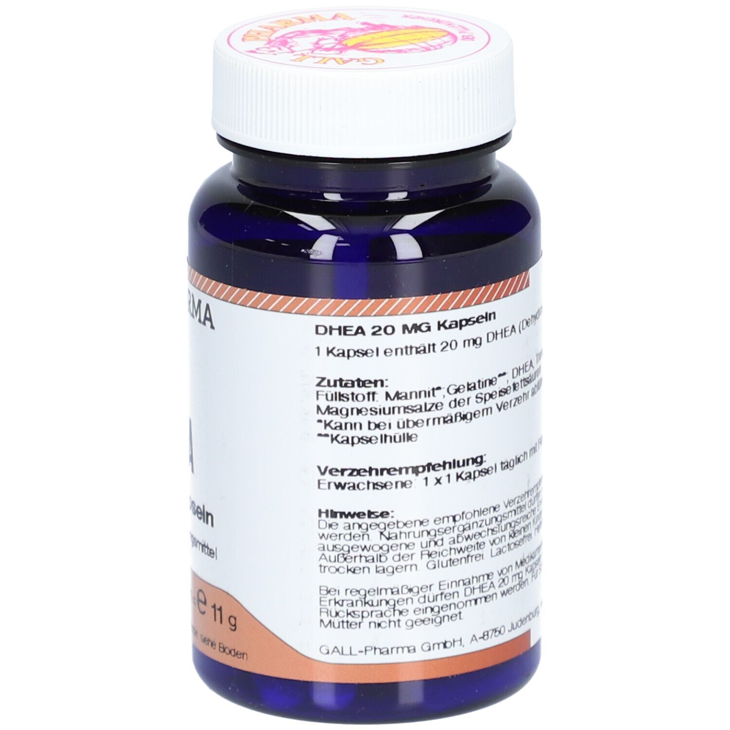 Dunkelblaue Flasche mit weißem Deckel. Aufschrift: GALL PHARMA, DHEA 20 mg Kapseln. Text mit Inhaltsstoffen und Anwendung.