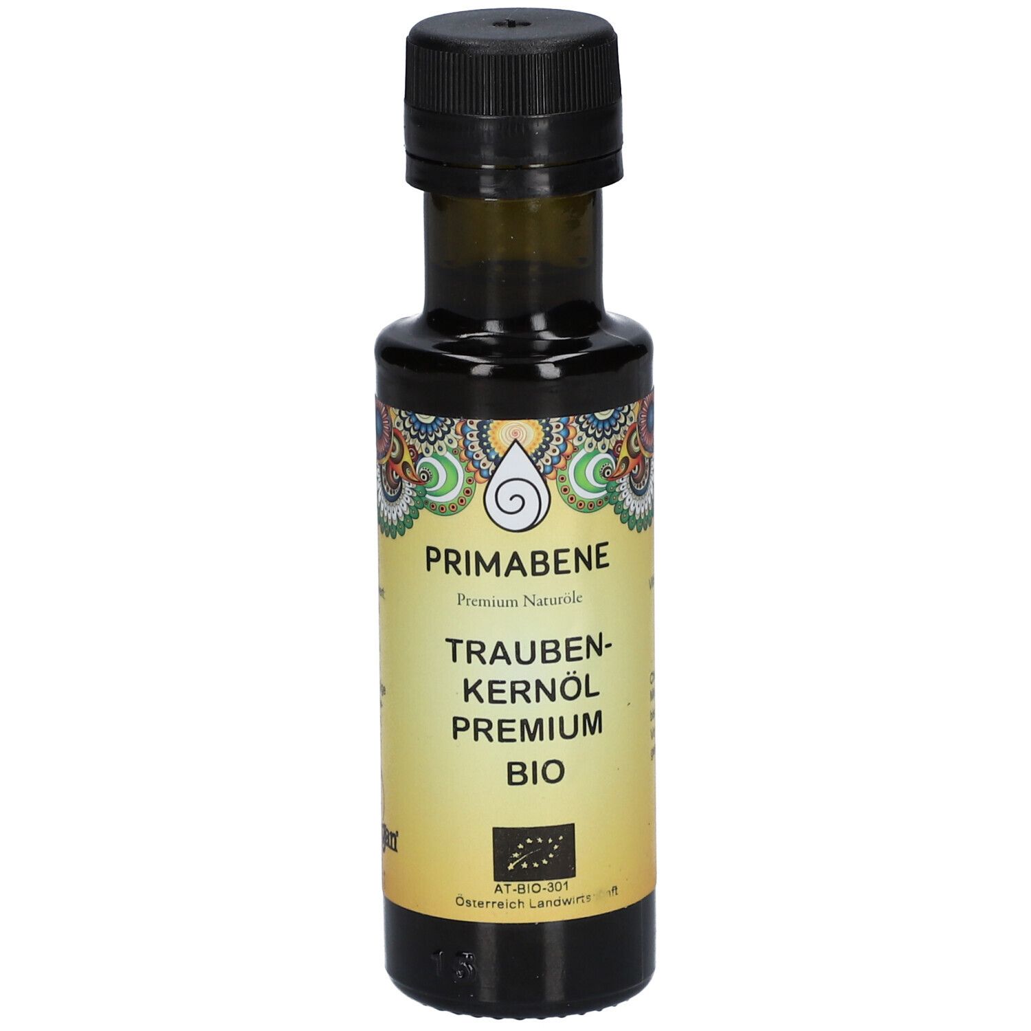 Braunglasflasche mit schwarzem Deckel. Etikett mit PRIMABENE, Traubenkernöl Premium Bio, Bio-Siegel.