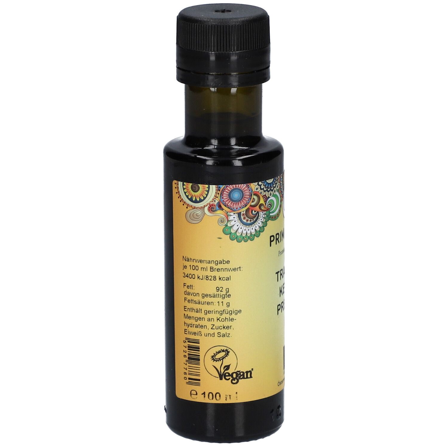 Braunglasflasche. Etikett mit Nährwertangaben, PRIMABENE, Traubenkernöl Premium Bio, Vegan-Siegel.